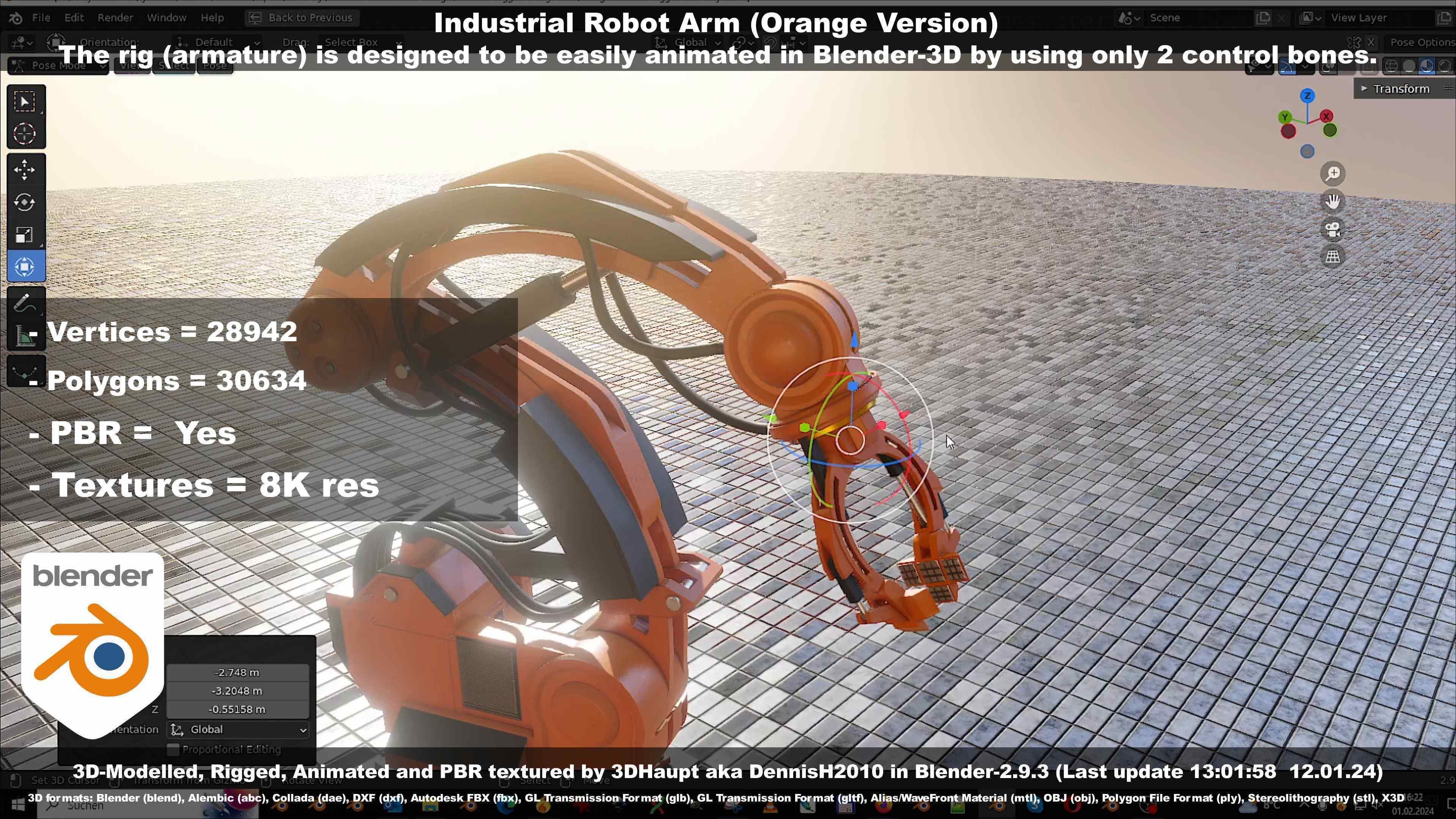 Rigged Industrial Robot Arm Orange Version Low-poly 3D model_67