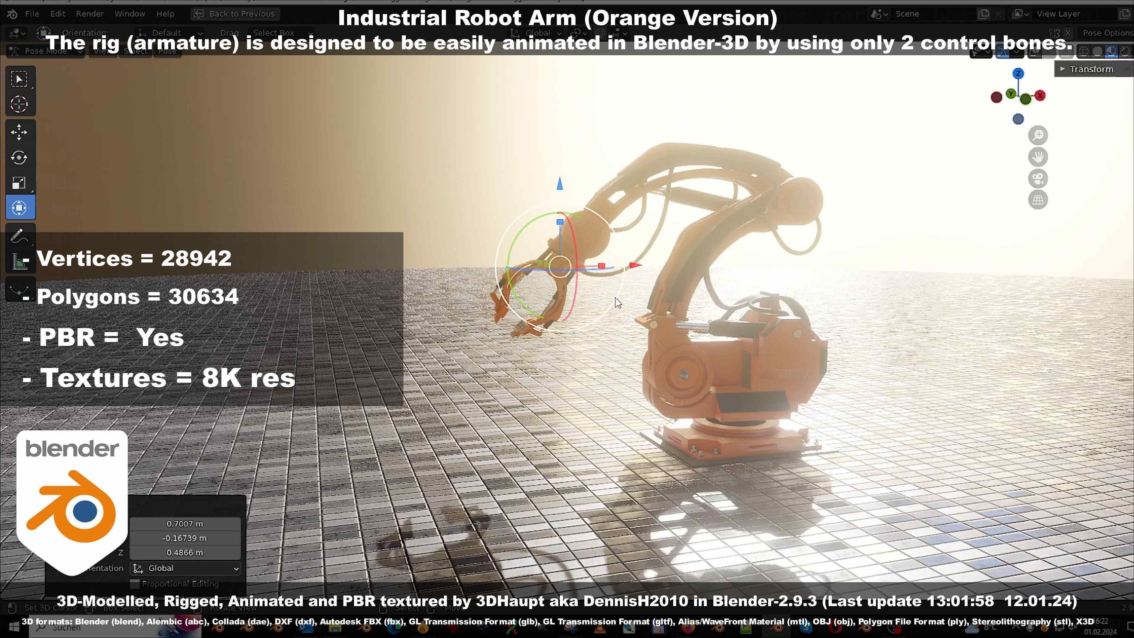 Rigged Industrial Robot Arm Orange Version Low-poly 3D model_95