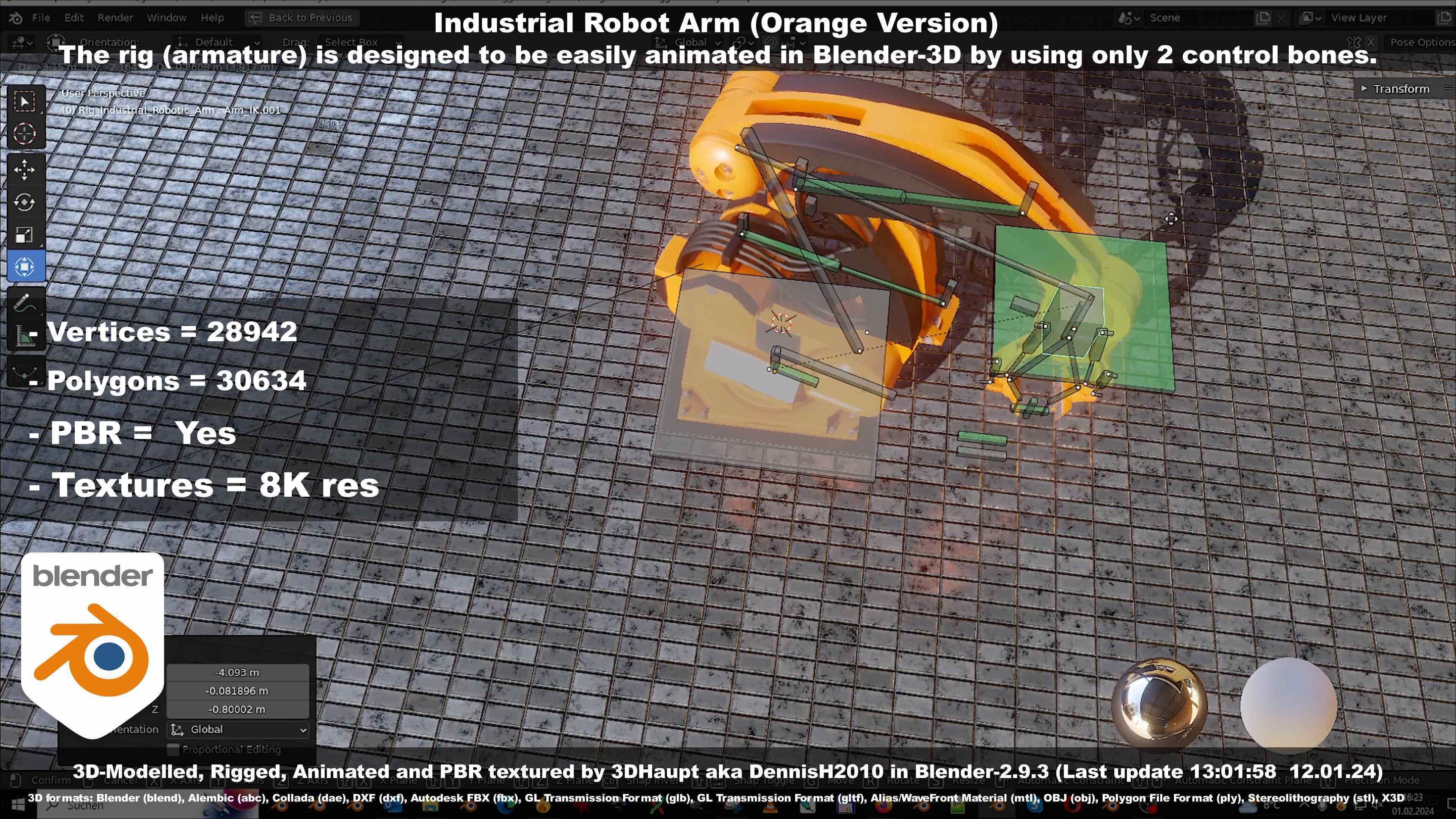 Rigged Industrial Robot Arm Orange Version Low-poly 3D model_48