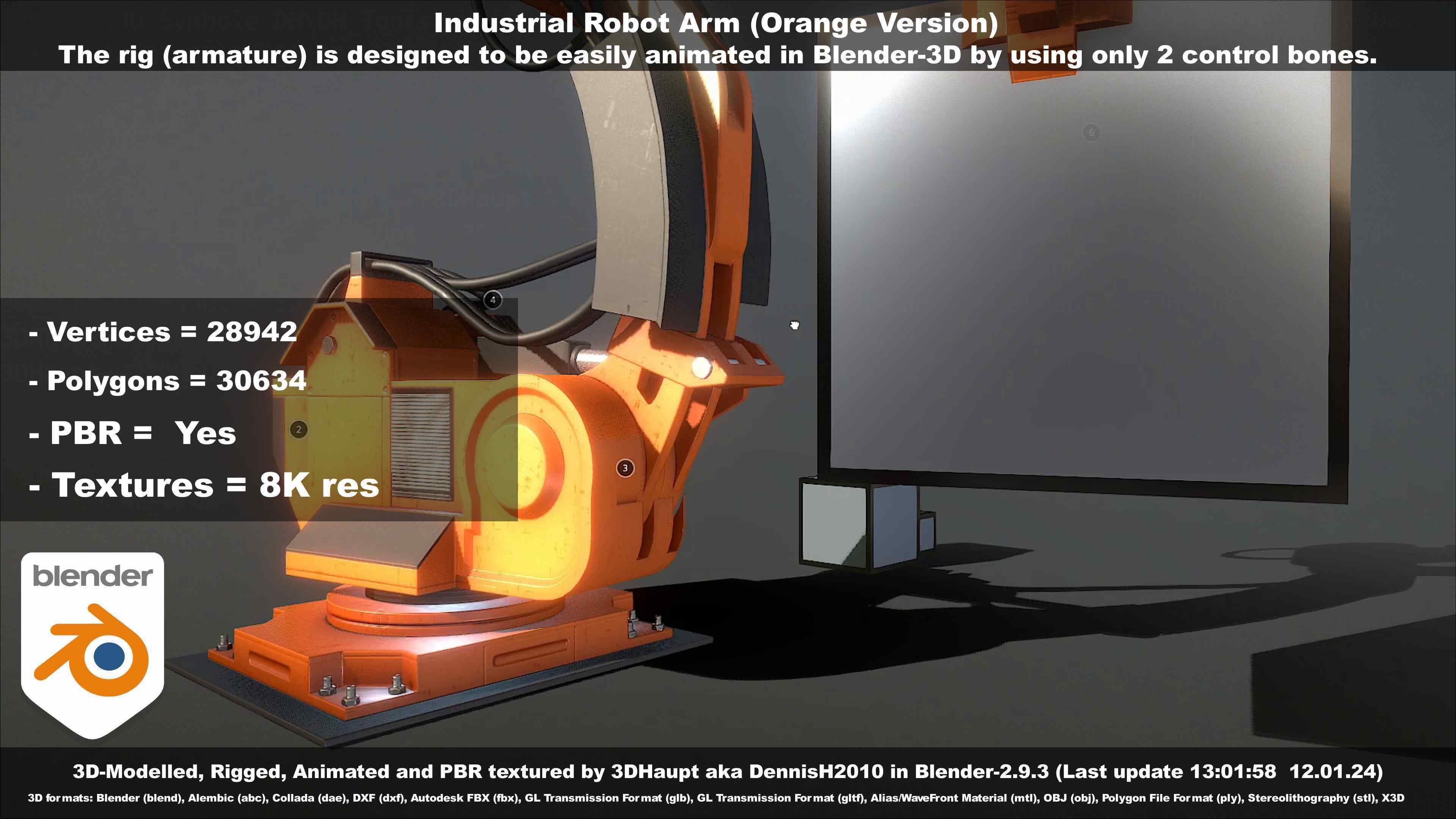 Rigged Industrial Robot Arm Orange Version Low-poly 3D model_66