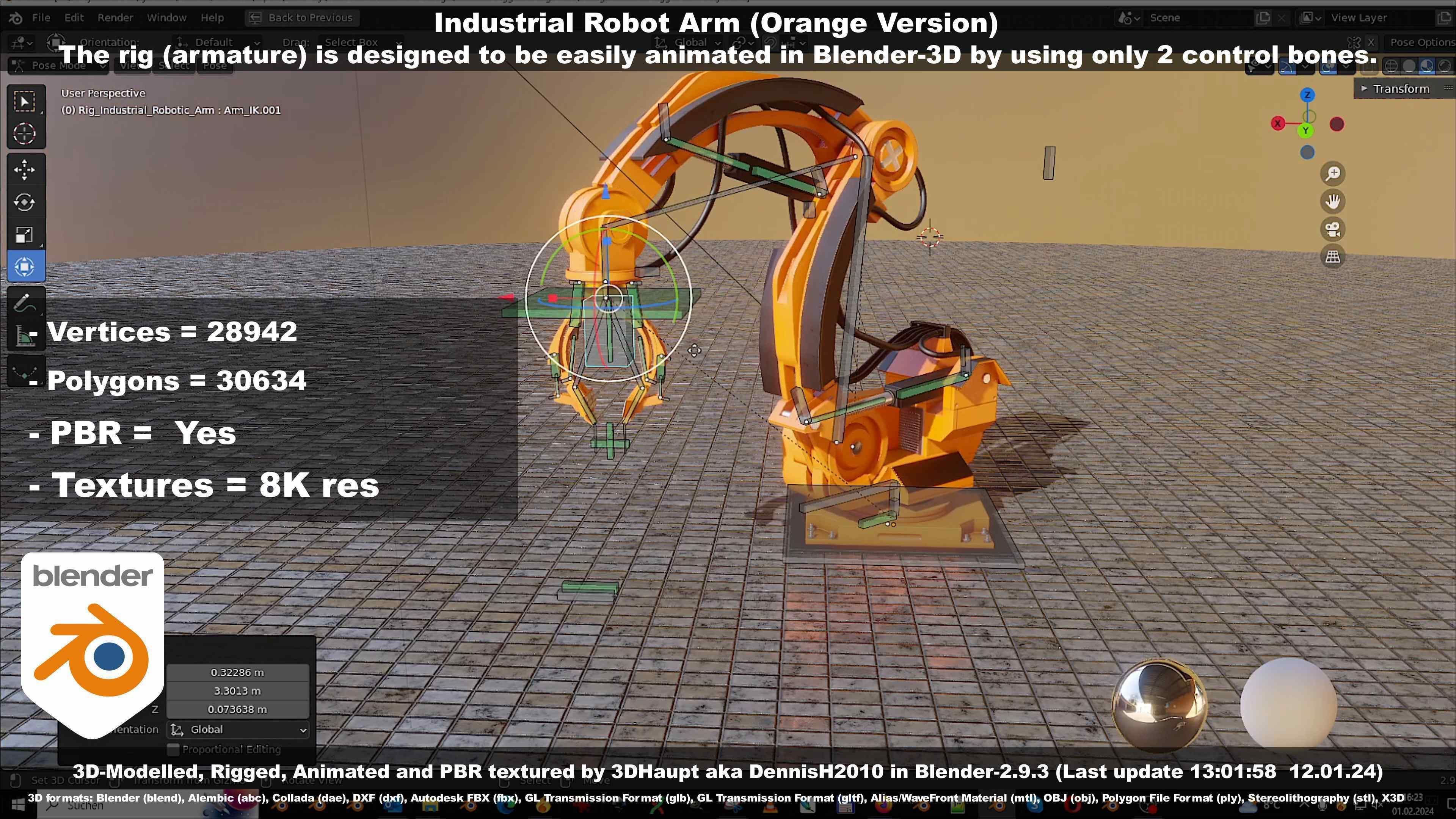 Rigged Industrial Robot Arm Orange Version Low-poly 3D model_109