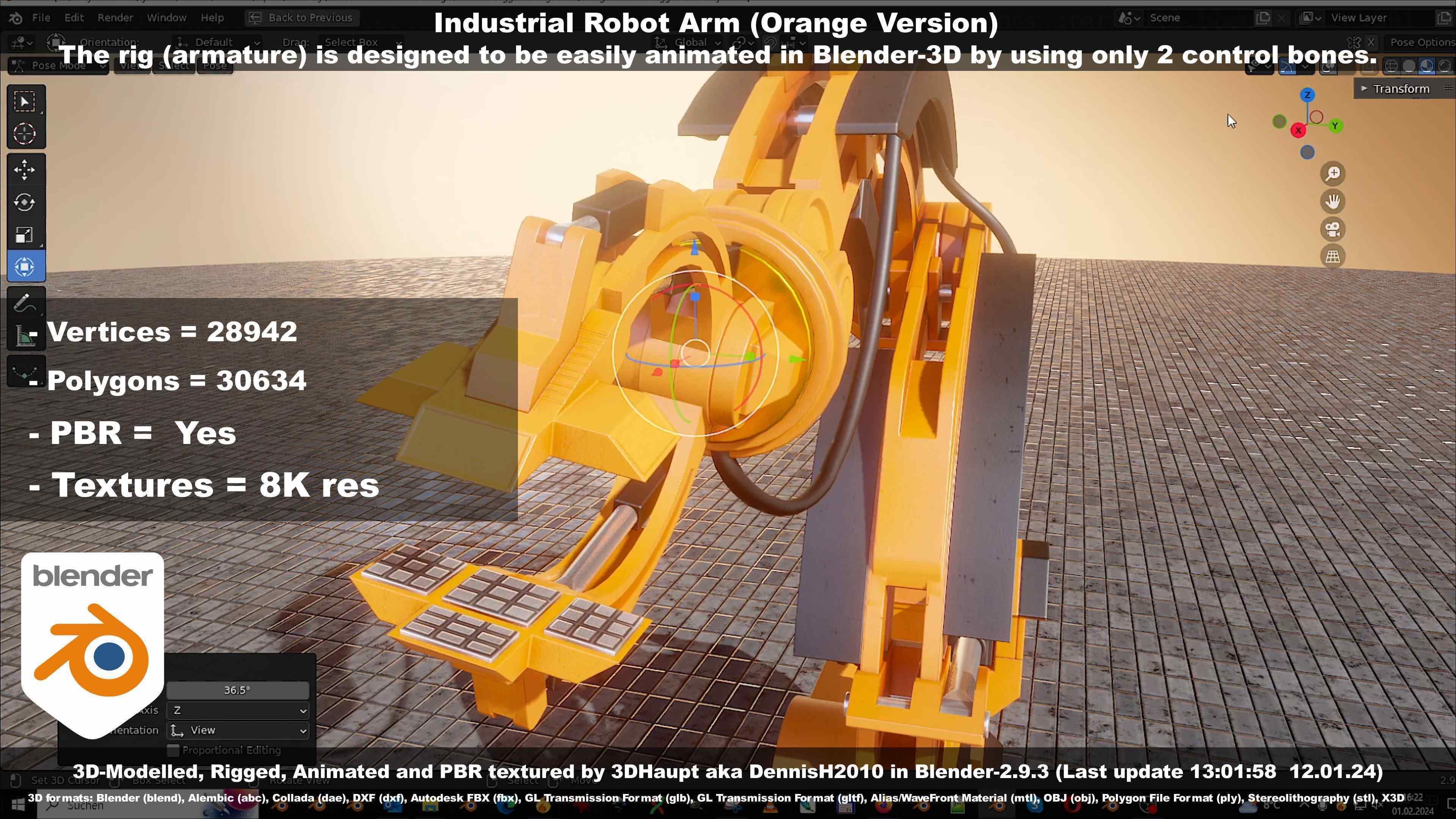 Rigged Industrial Robot Arm Orange Version Low-poly 3D model_90