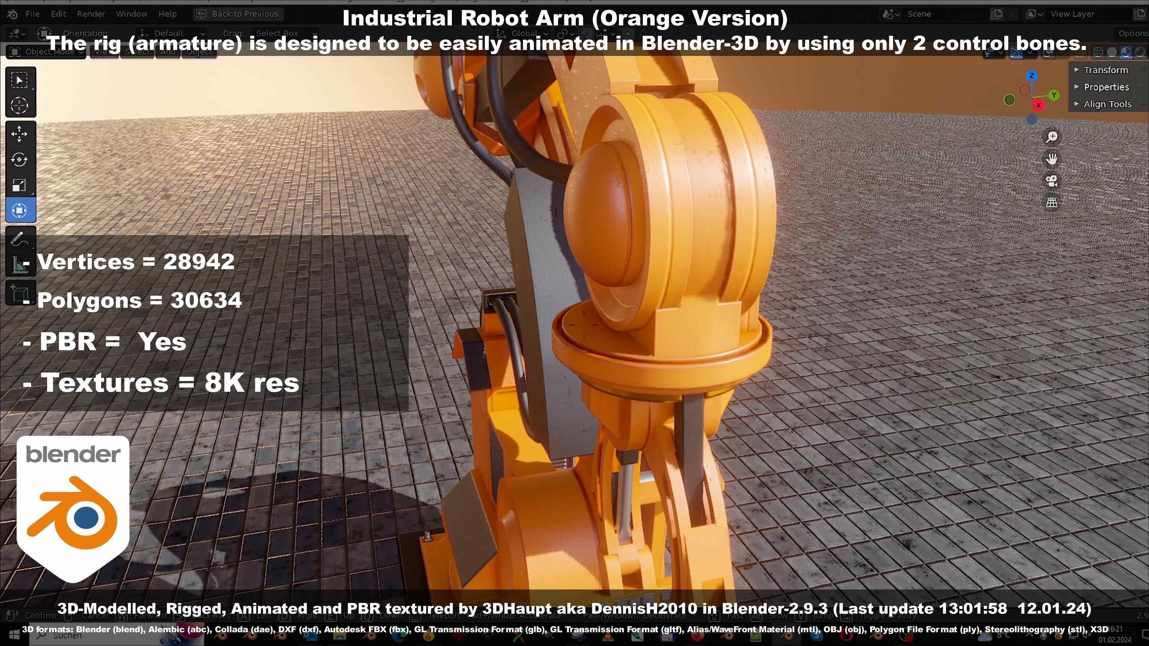 Rigged Industrial Robot Arm Orange Version Low-poly 3D model_141