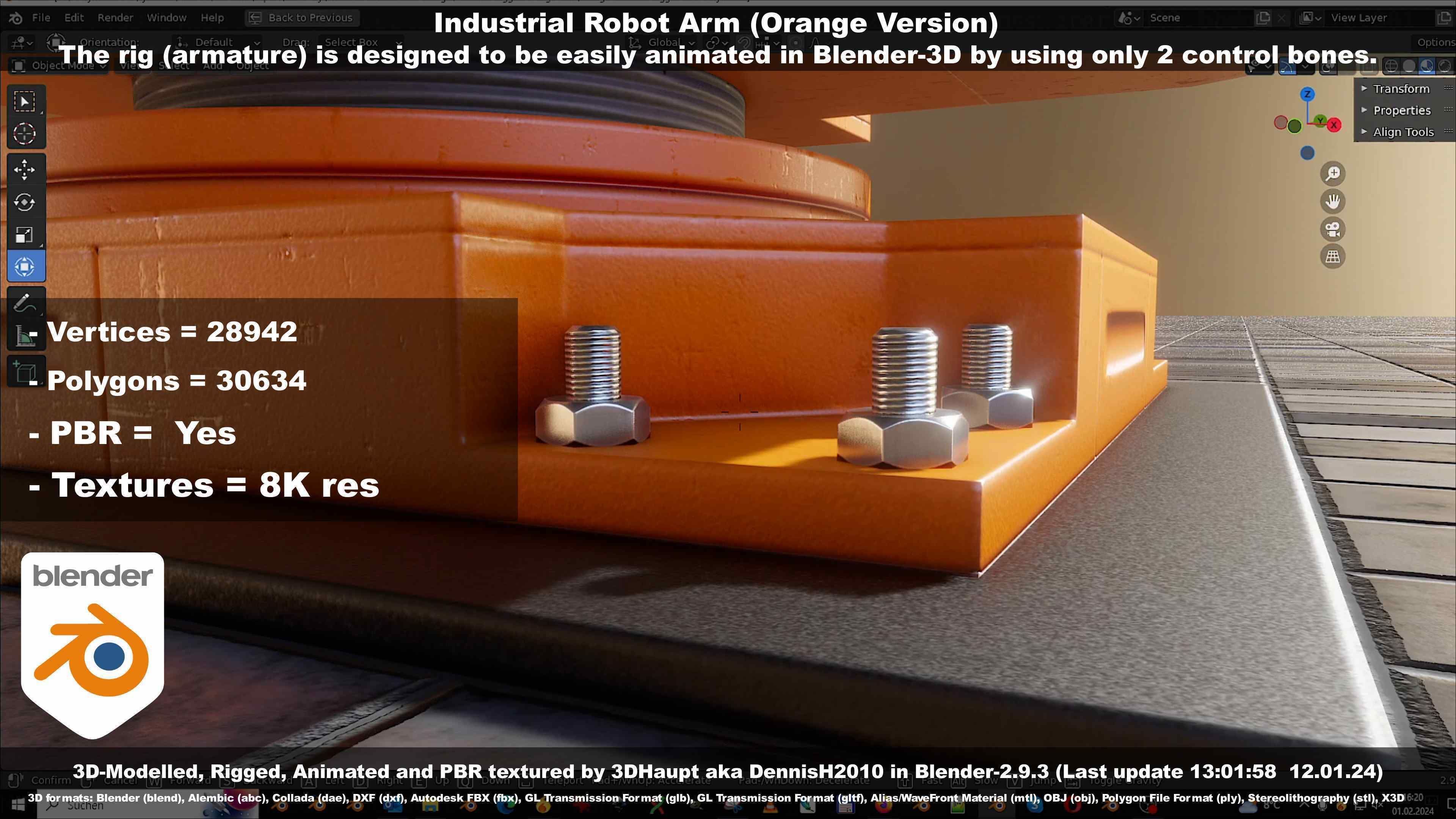Rigged Industrial Robot Arm Orange Version Low-poly 3D model_137