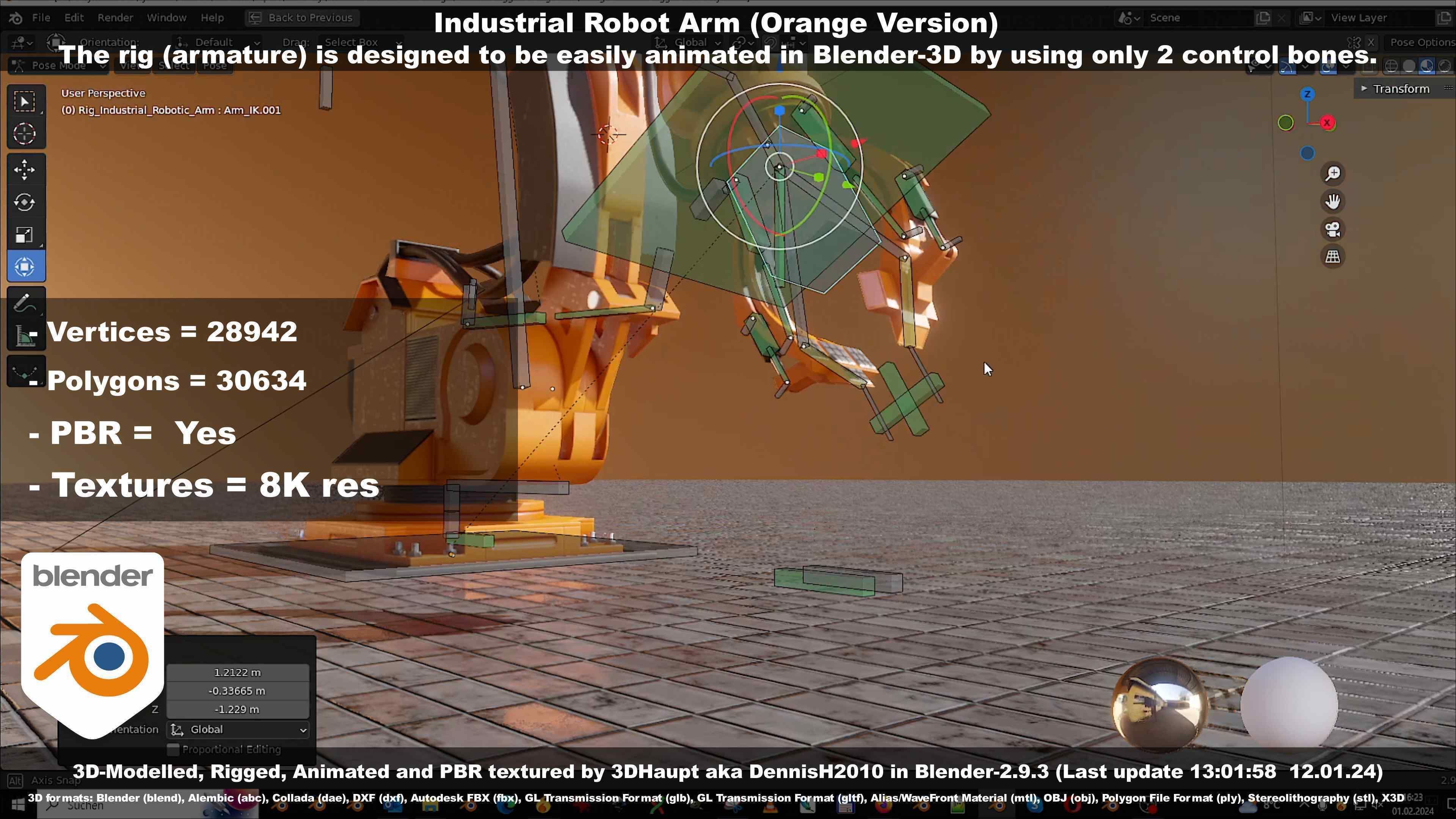 Rigged Industrial Robot Arm Orange Version Low-poly 3D model_113