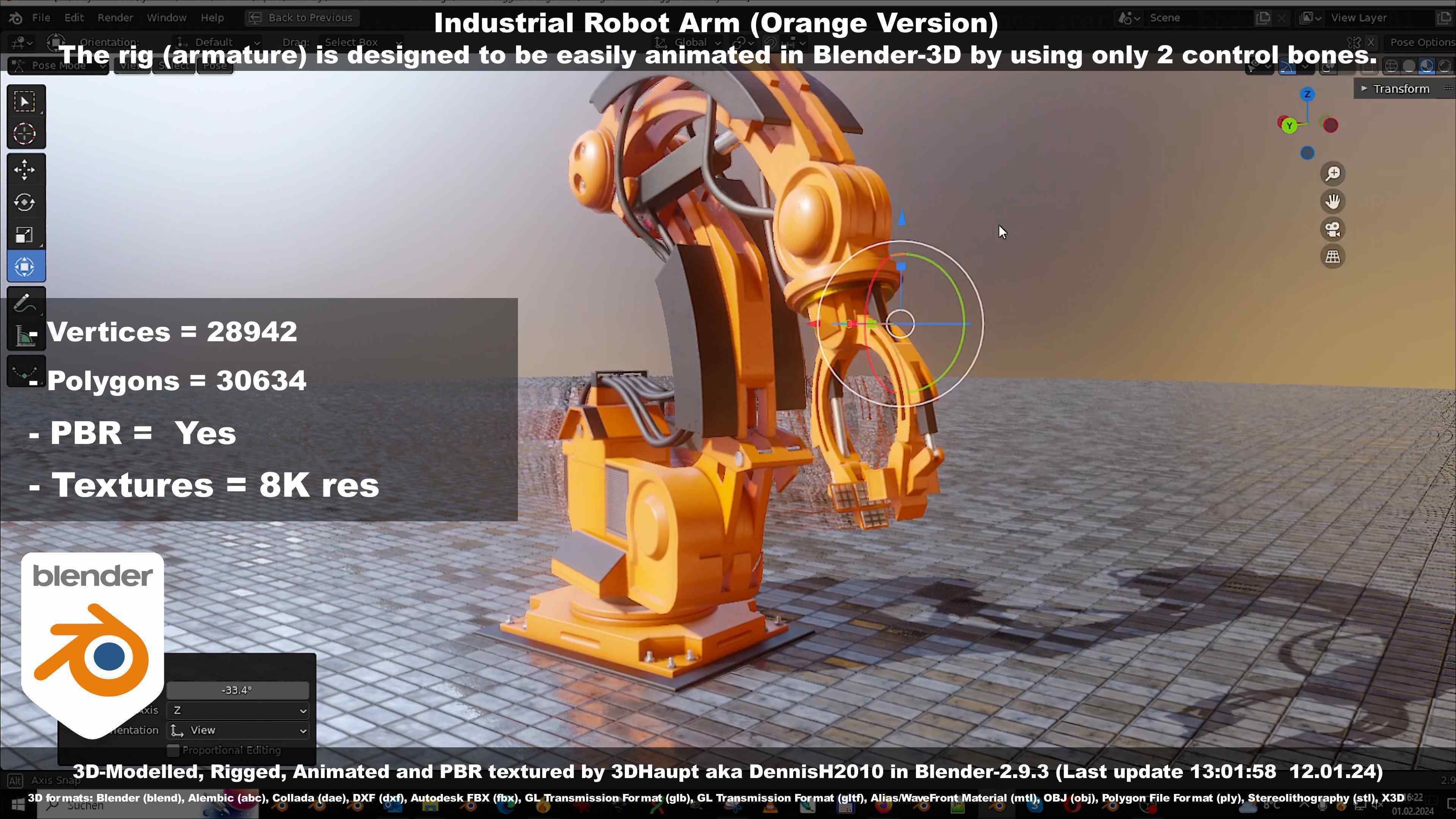 Rigged Industrial Robot Arm Orange Version Low-poly 3D model_77