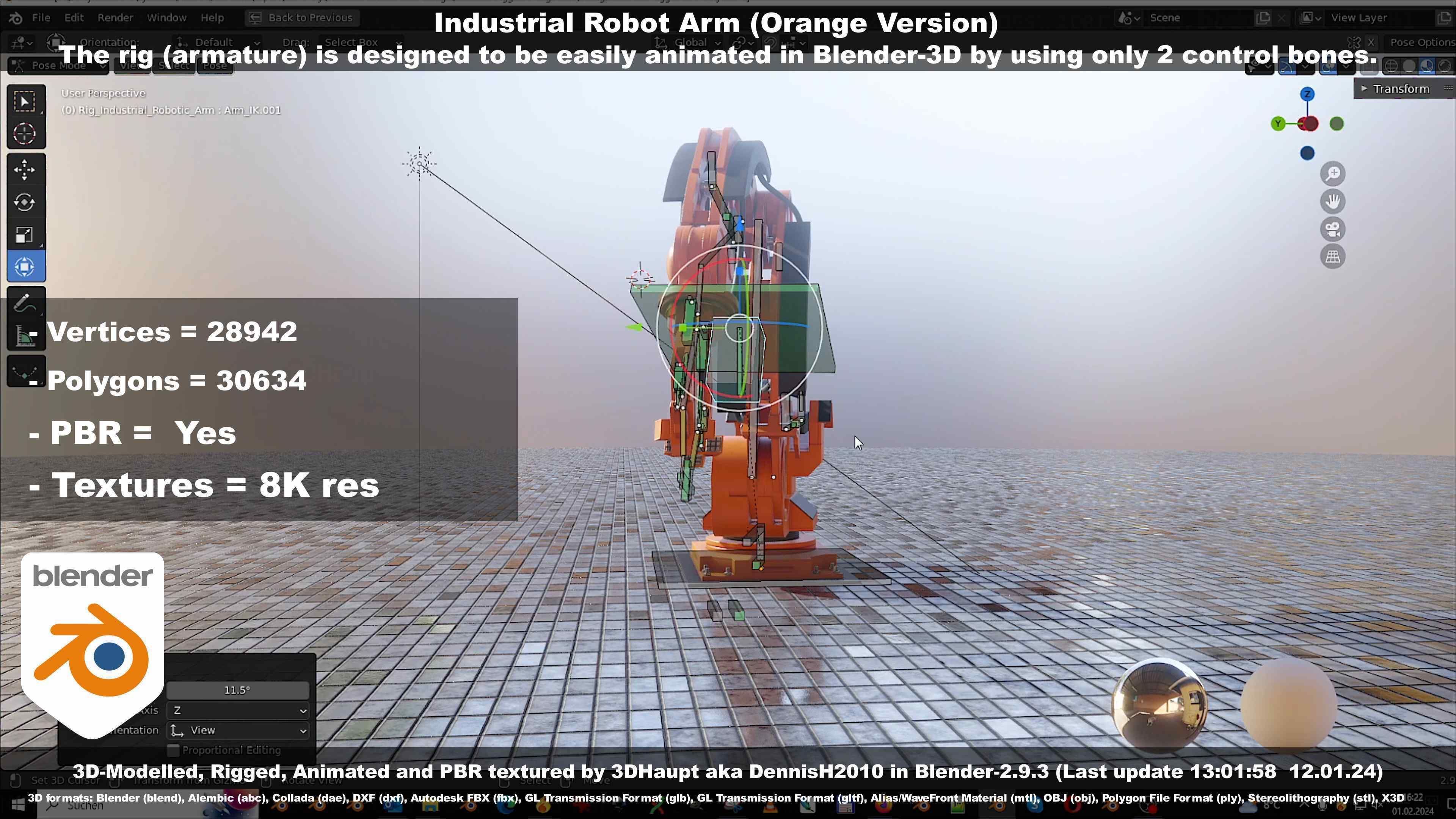 Rigged Industrial Robot Arm Orange Version Low-poly 3D model_101