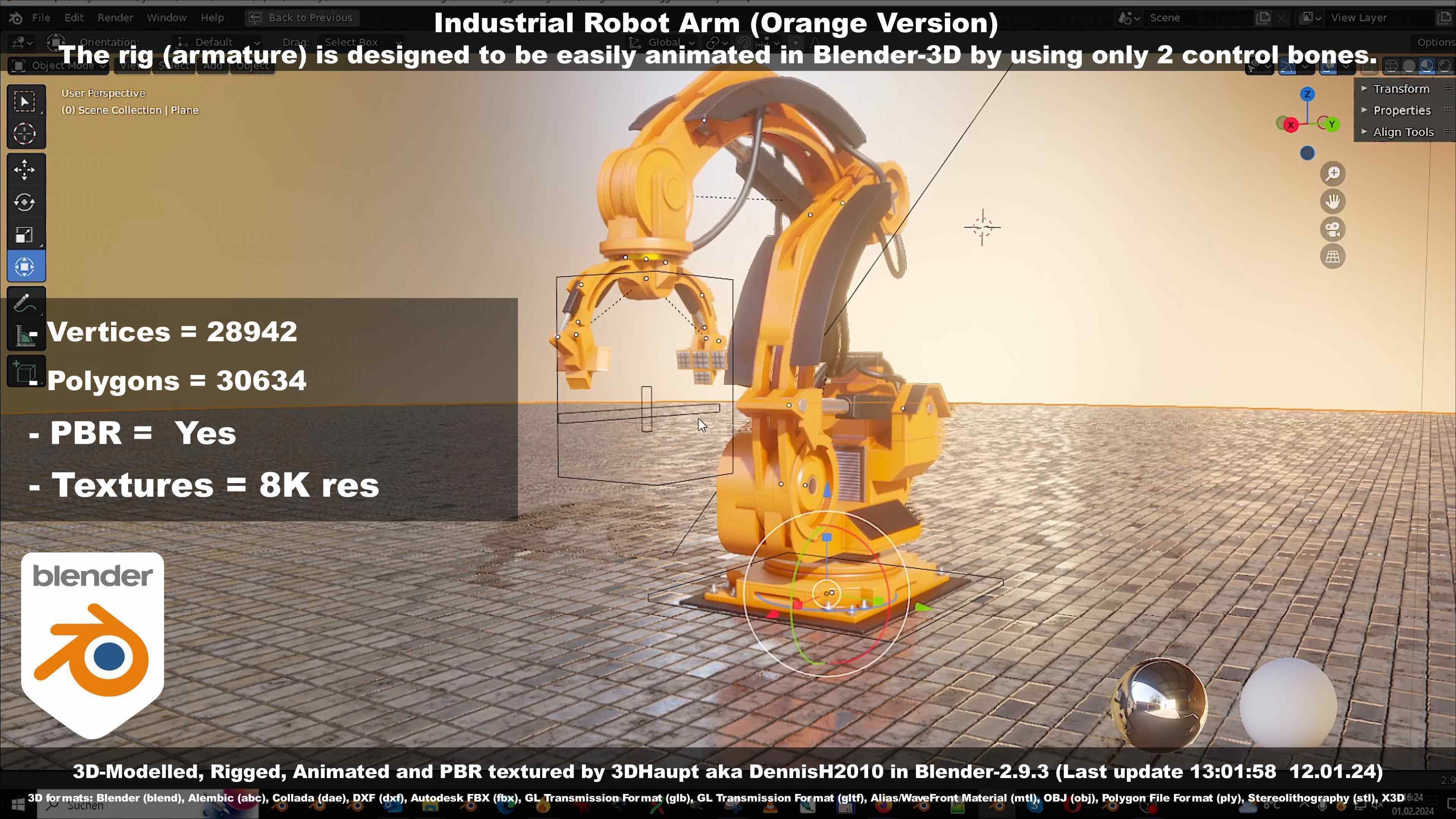 Rigged Industrial Robot Arm Orange Version Low-poly 3D model_61