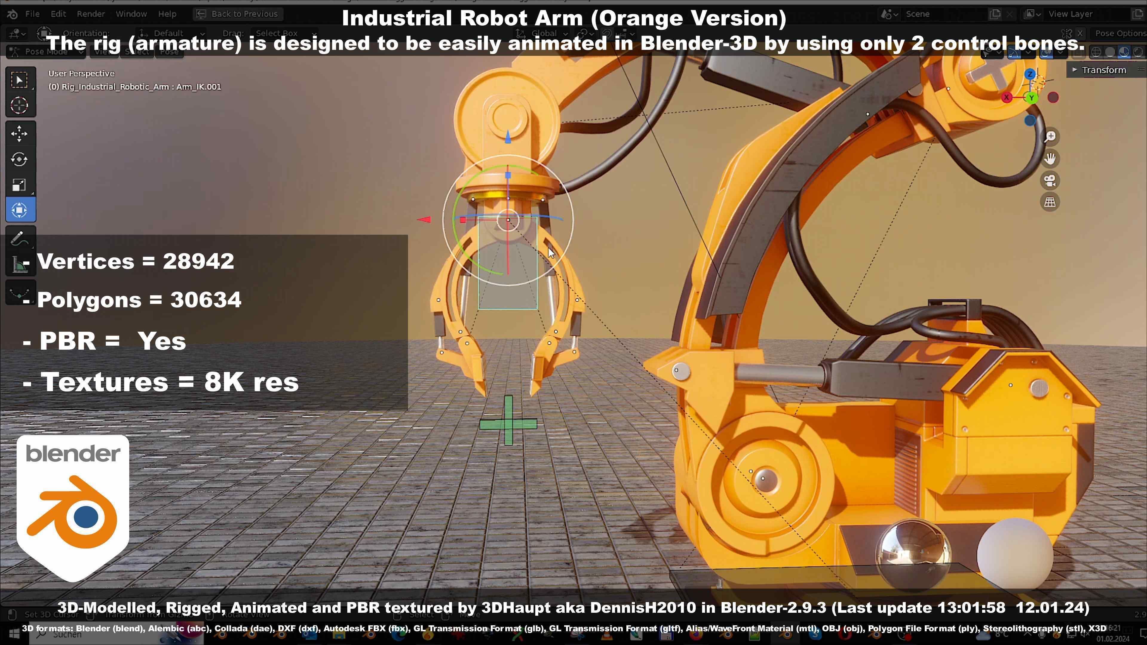 Rigged Industrial Robot Arm Orange Version Low-poly 3D model_84