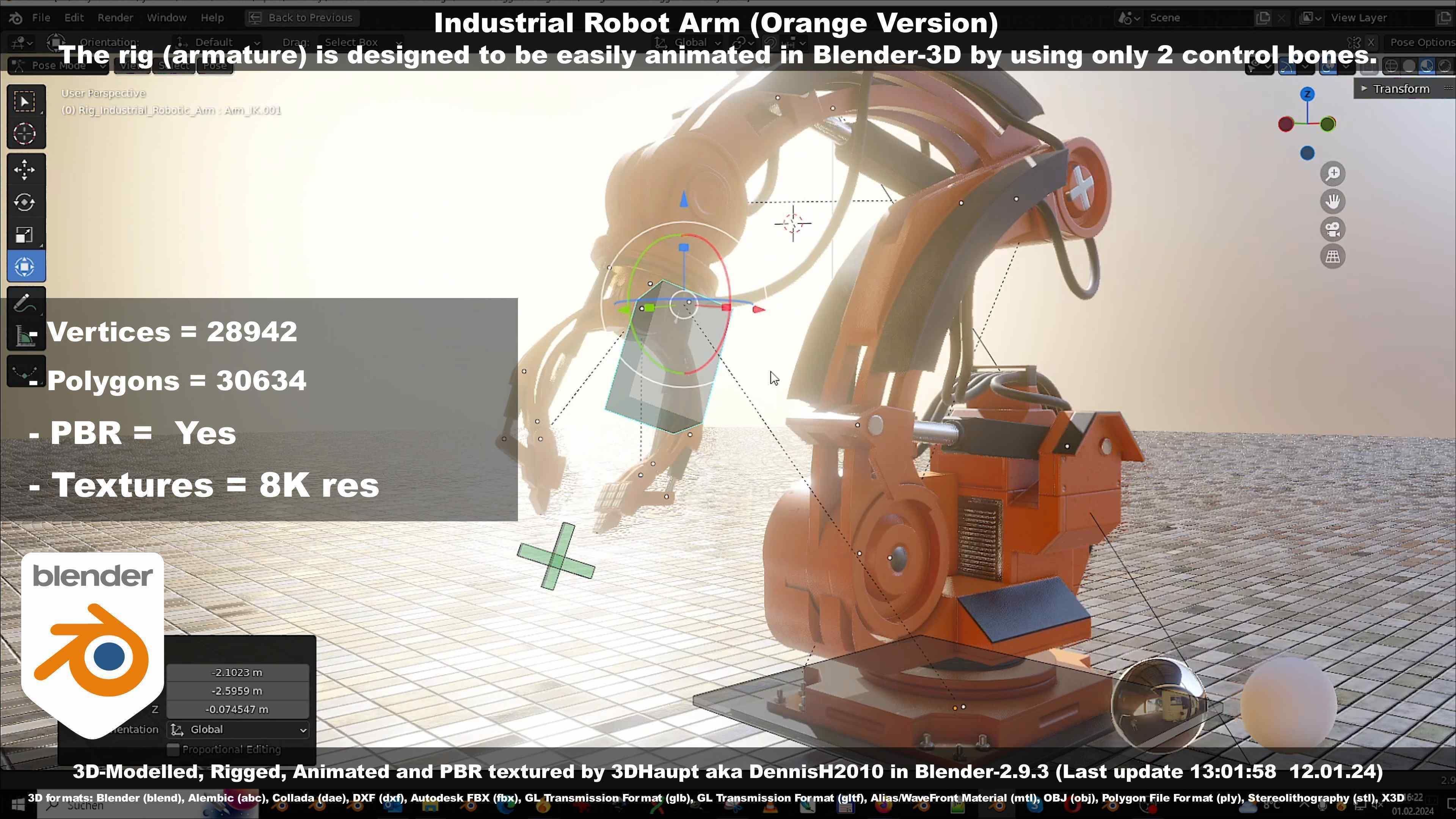 Rigged Industrial Robot Arm Orange Version Low-poly 3D model_78