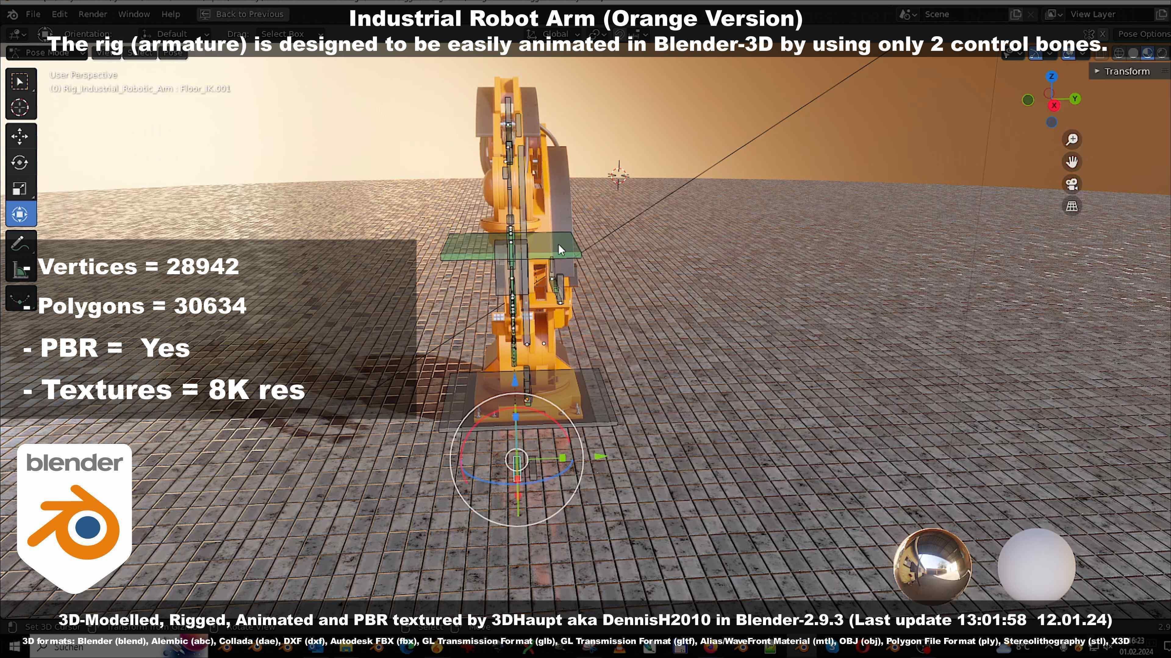 Rigged Industrial Robot Arm Orange Version Low-poly 3D model_108