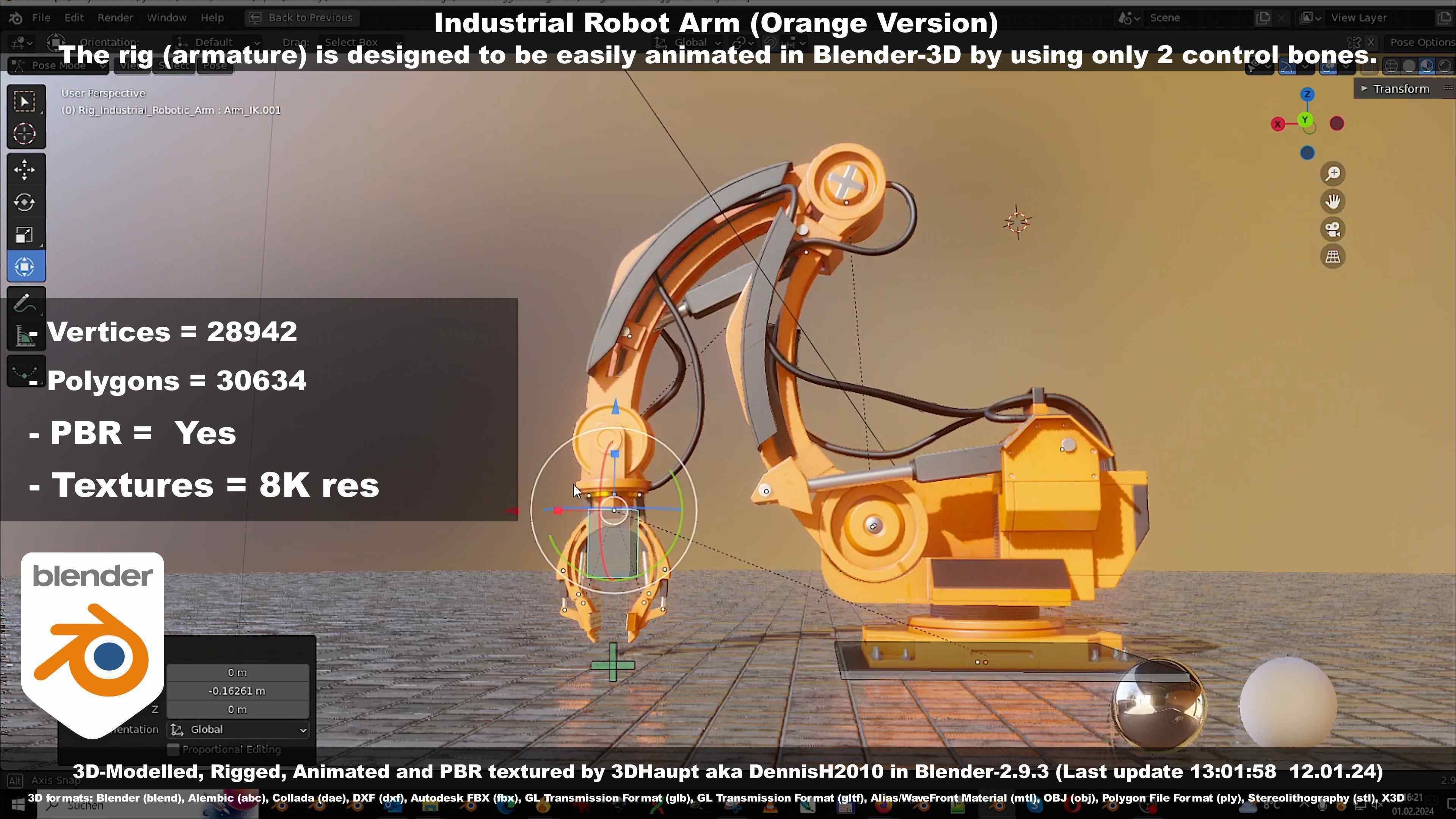 Rigged Industrial Robot Arm Orange Version Low-poly 3D model_71