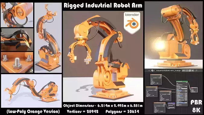 Rigged Industrial Robot Arm Orange Version Low-poly 3D model