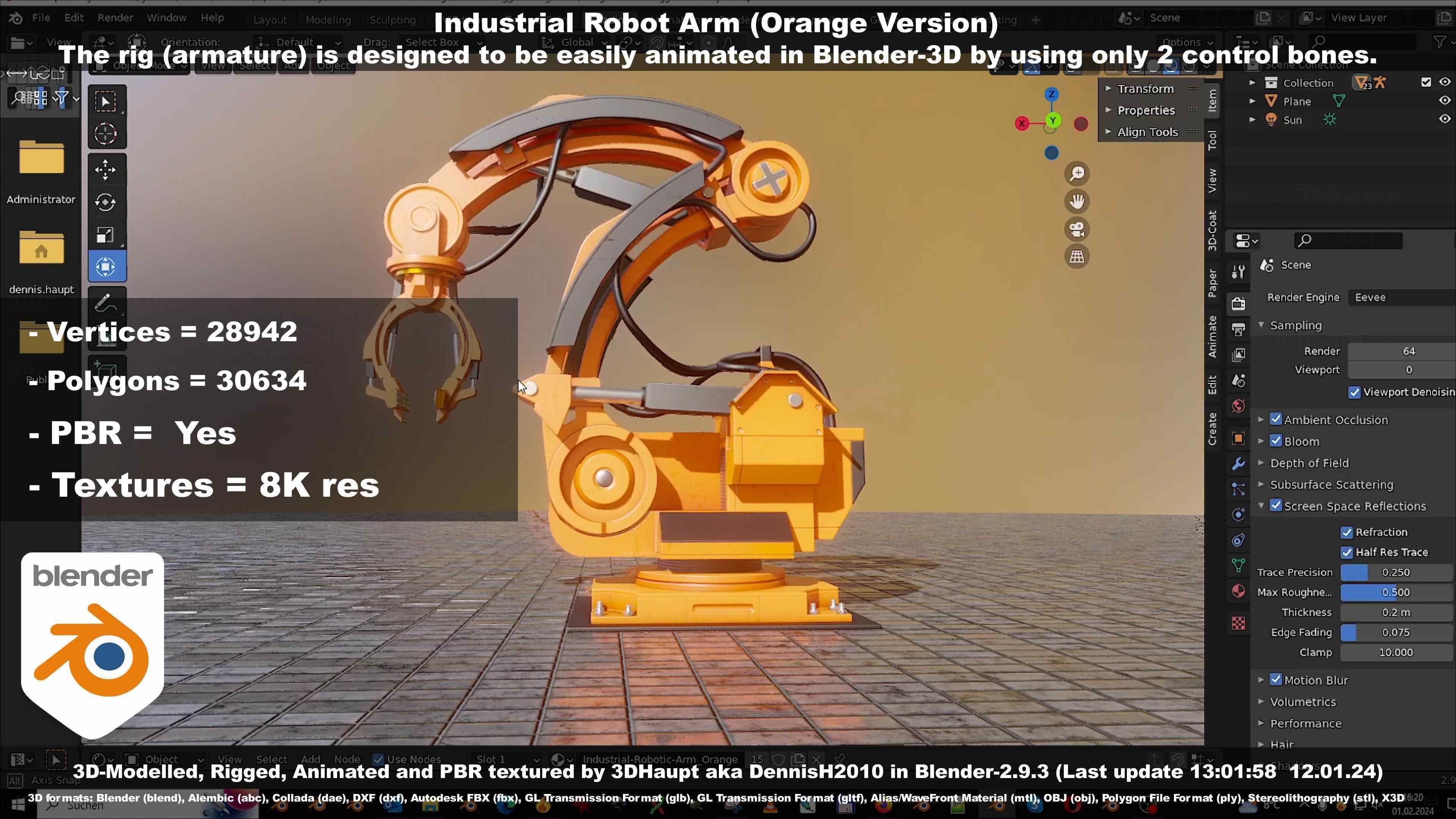 Rigged Industrial Robot Arm Orange Version Low-poly 3D model_134