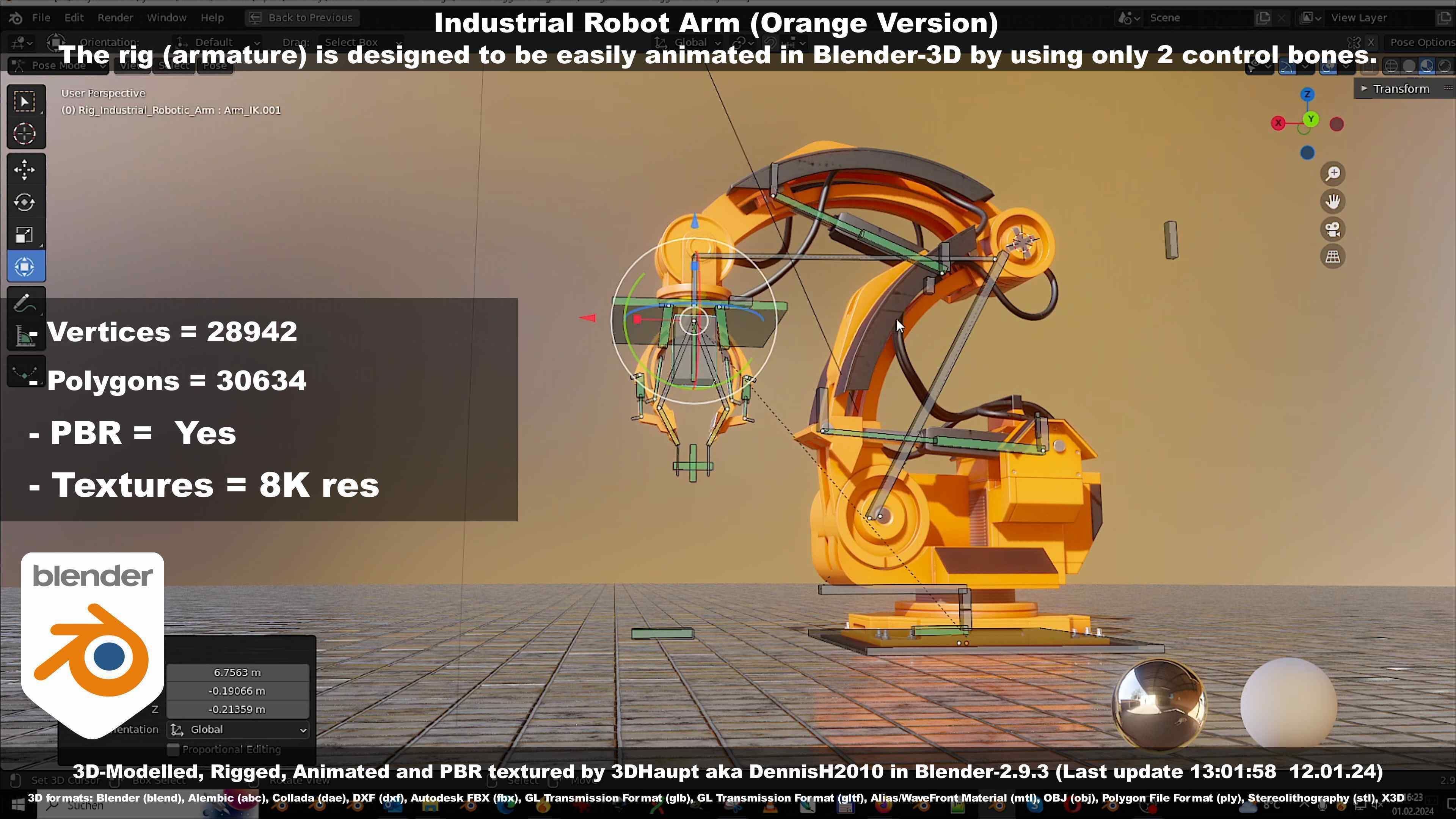 Rigged Industrial Robot Arm Orange Version Low-poly 3D model_49