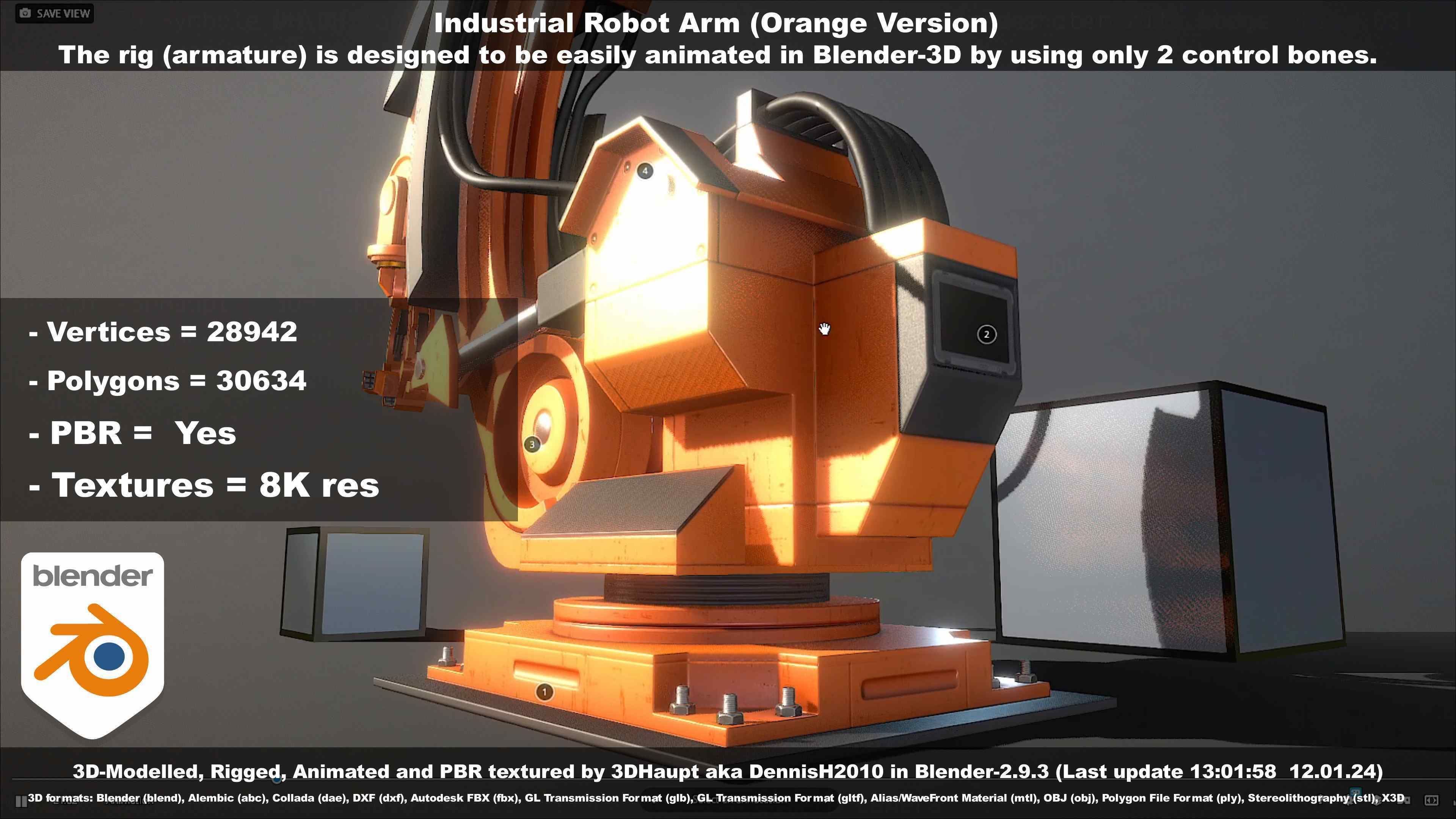Rigged Industrial Robot Arm Orange Version Low-poly 3D model_65