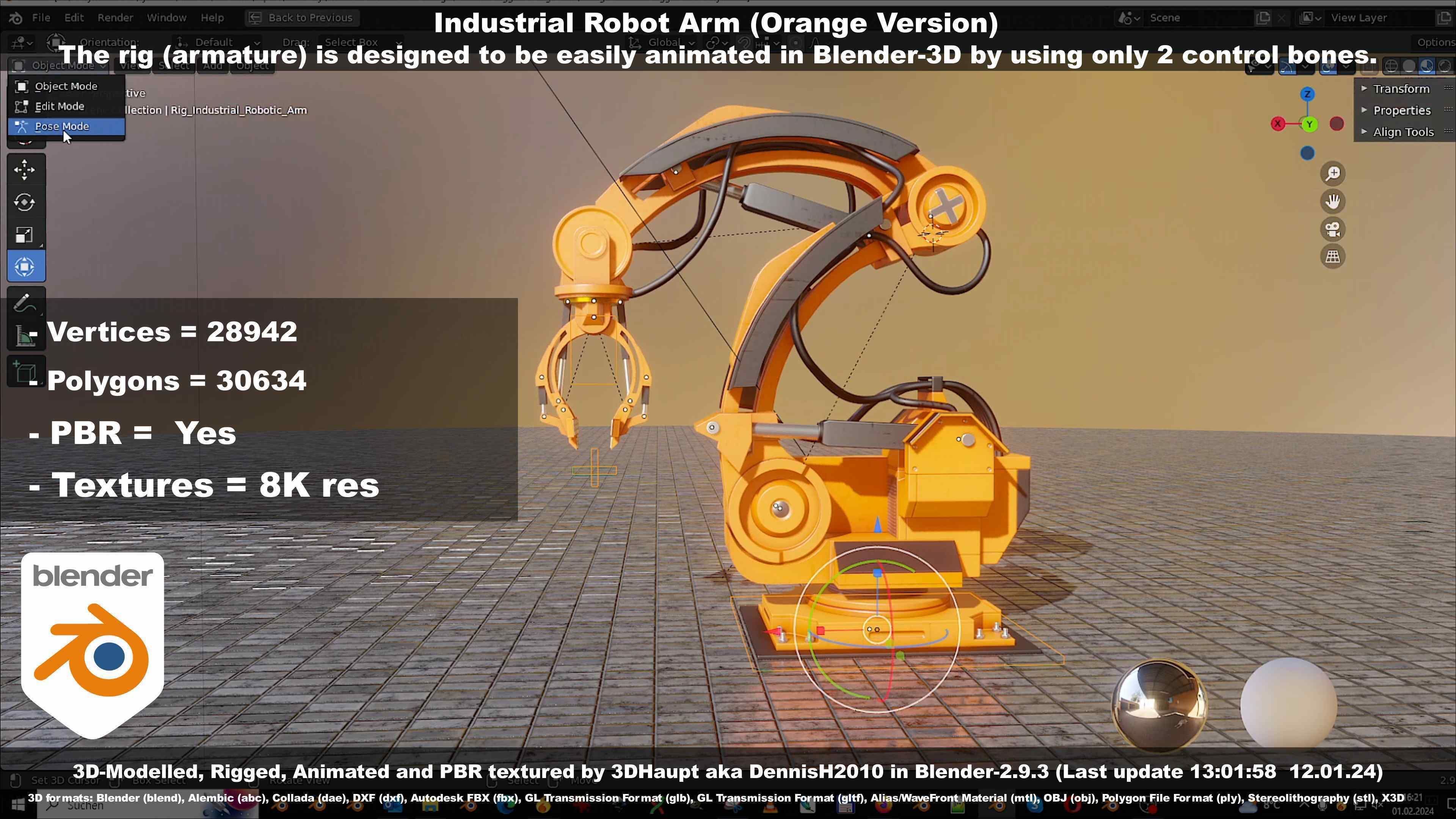 Rigged Industrial Robot Arm Orange Version Low-poly 3D model_83