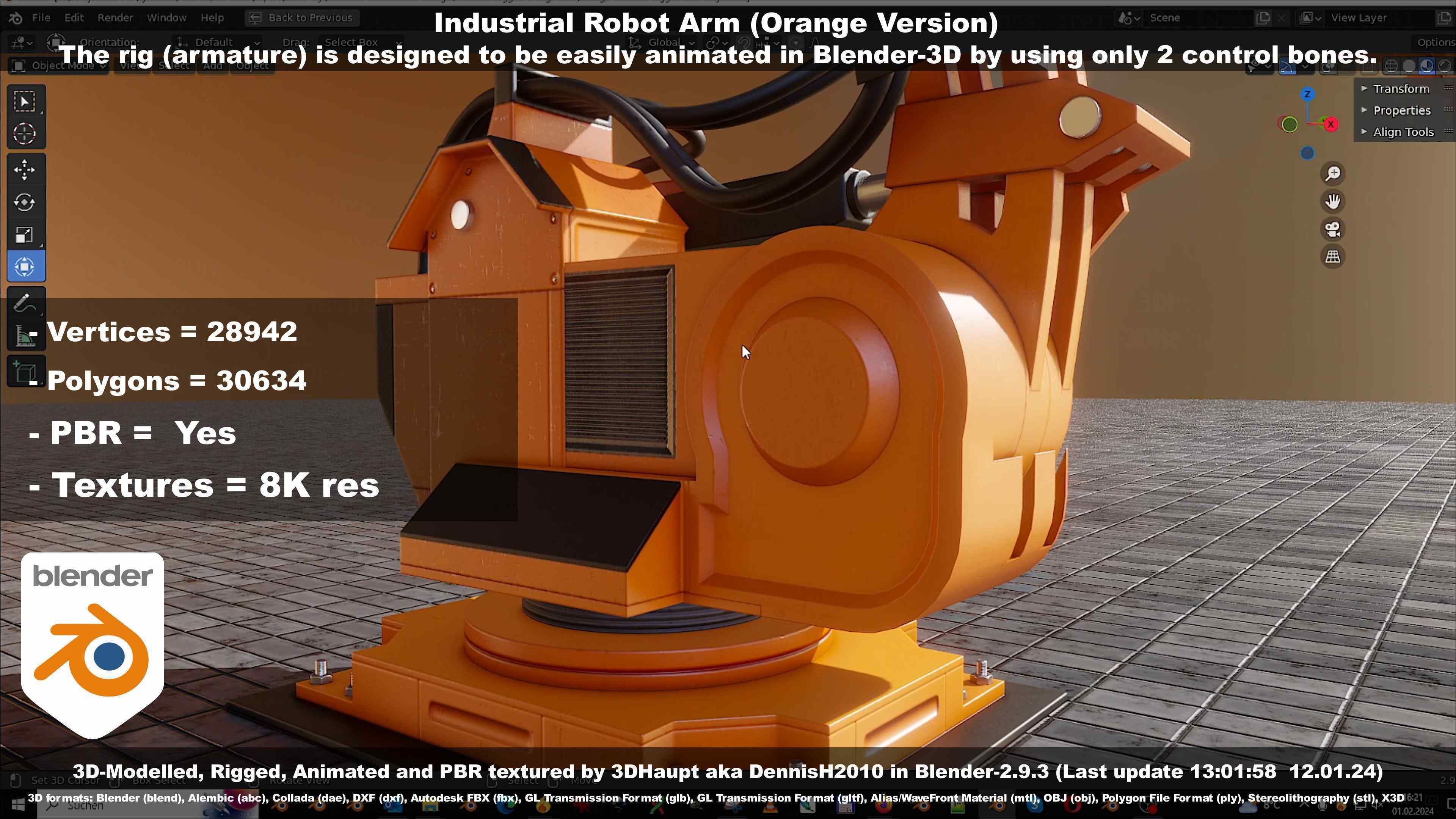 Rigged Industrial Robot Arm Orange Version Low-poly 3D model_142