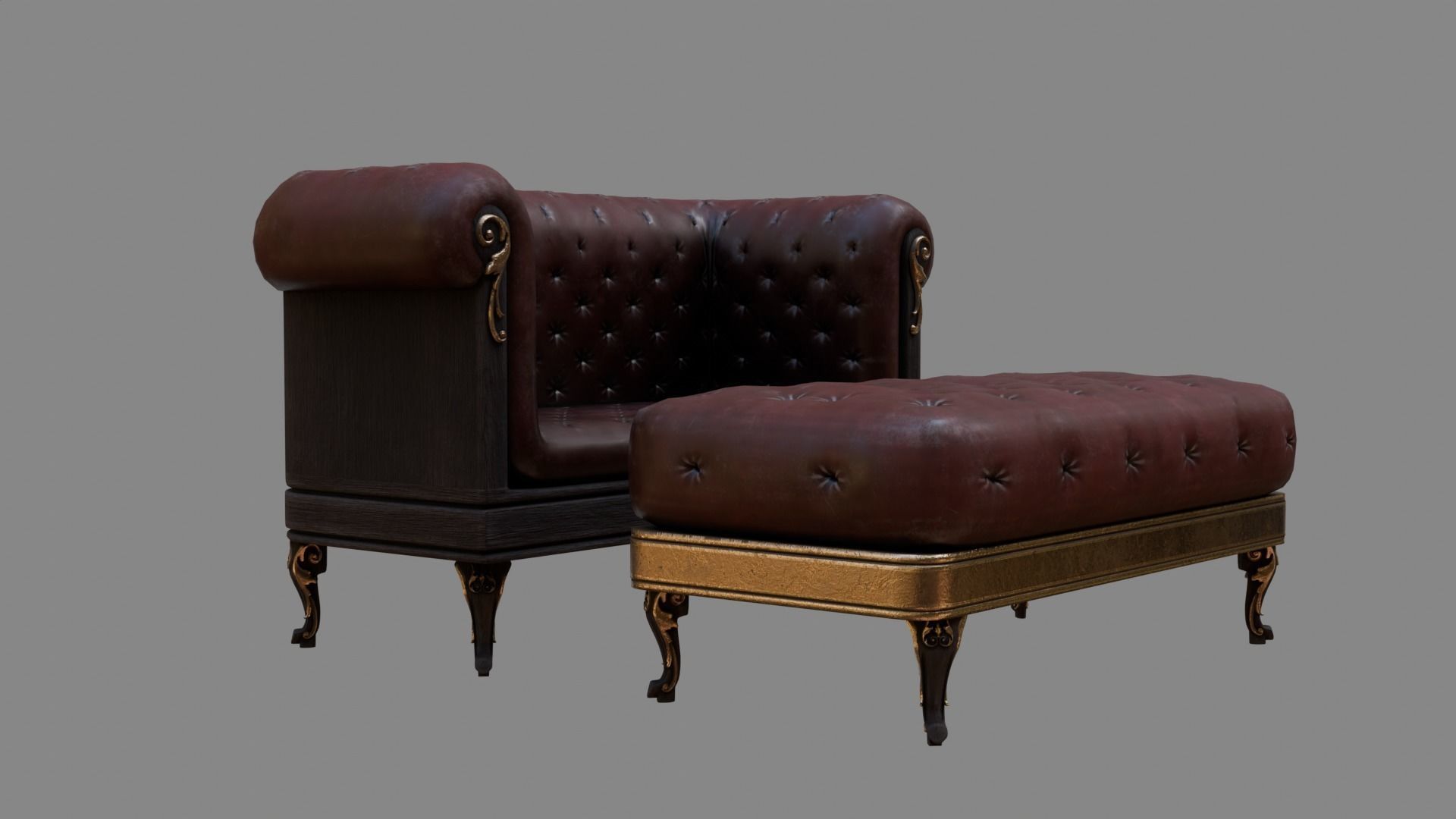 Sofa Armchair Couch  small and foot rest Vintage Low-poly 3D model_2