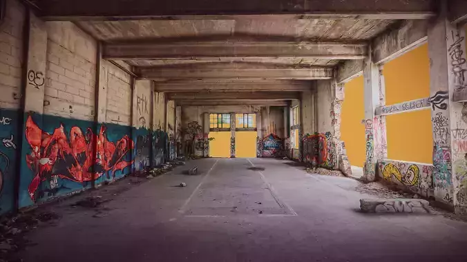 Large abandoned hall with graffiti and devastated skatepark 3D model