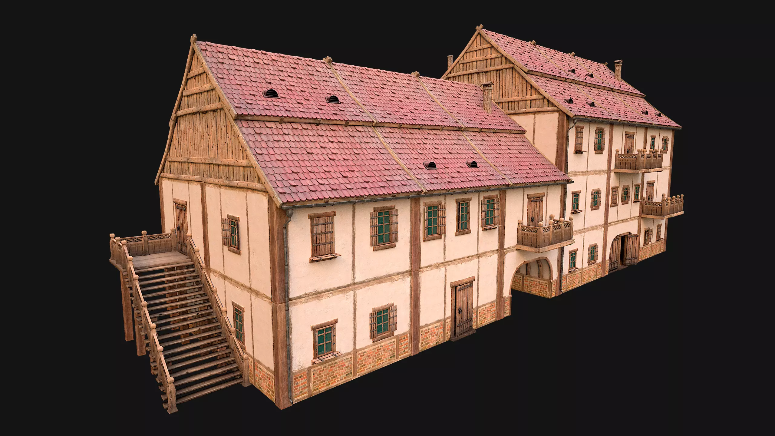 Medieval European Brick House Low-poly 3D model_0