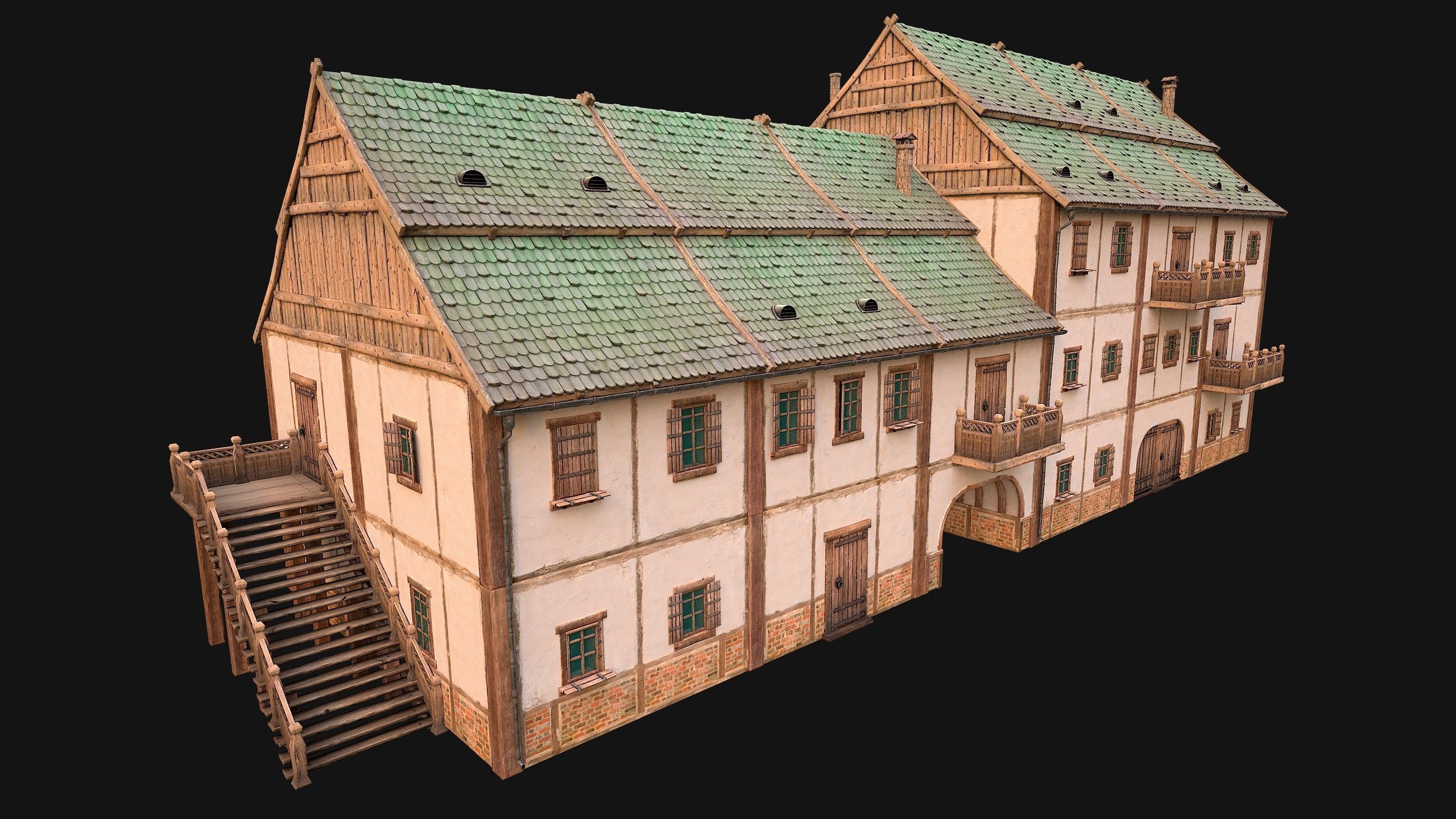 Medieval European Brick House Low-poly 3D model_5