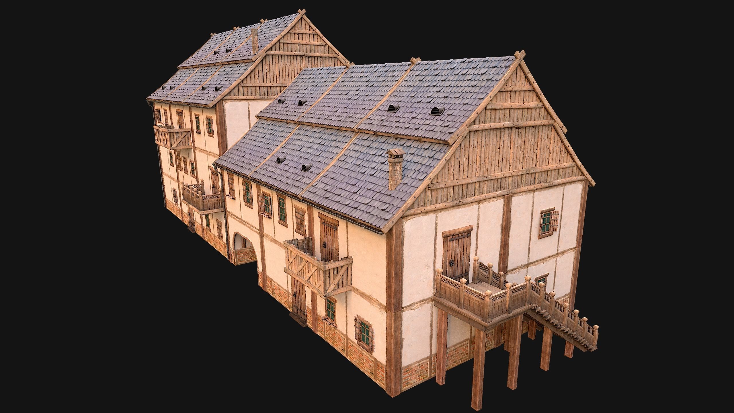 Medieval European Brick House Low-poly 3D model_7