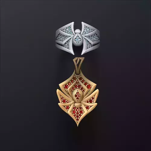 Spider Pendant Ring Minimalistic With Gems collection set 3D print model