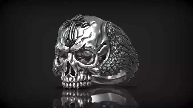 Skull Head Maltese Cross with Wings Brutal Biker Ring