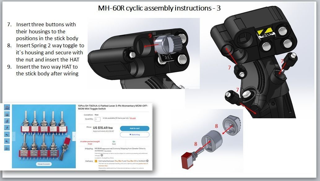 Mh-60R cyclic for flight sims with functional buttons 3D print model_9