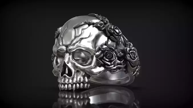 Unique Design Realistic Skull Head with Roses and Thorn Ring