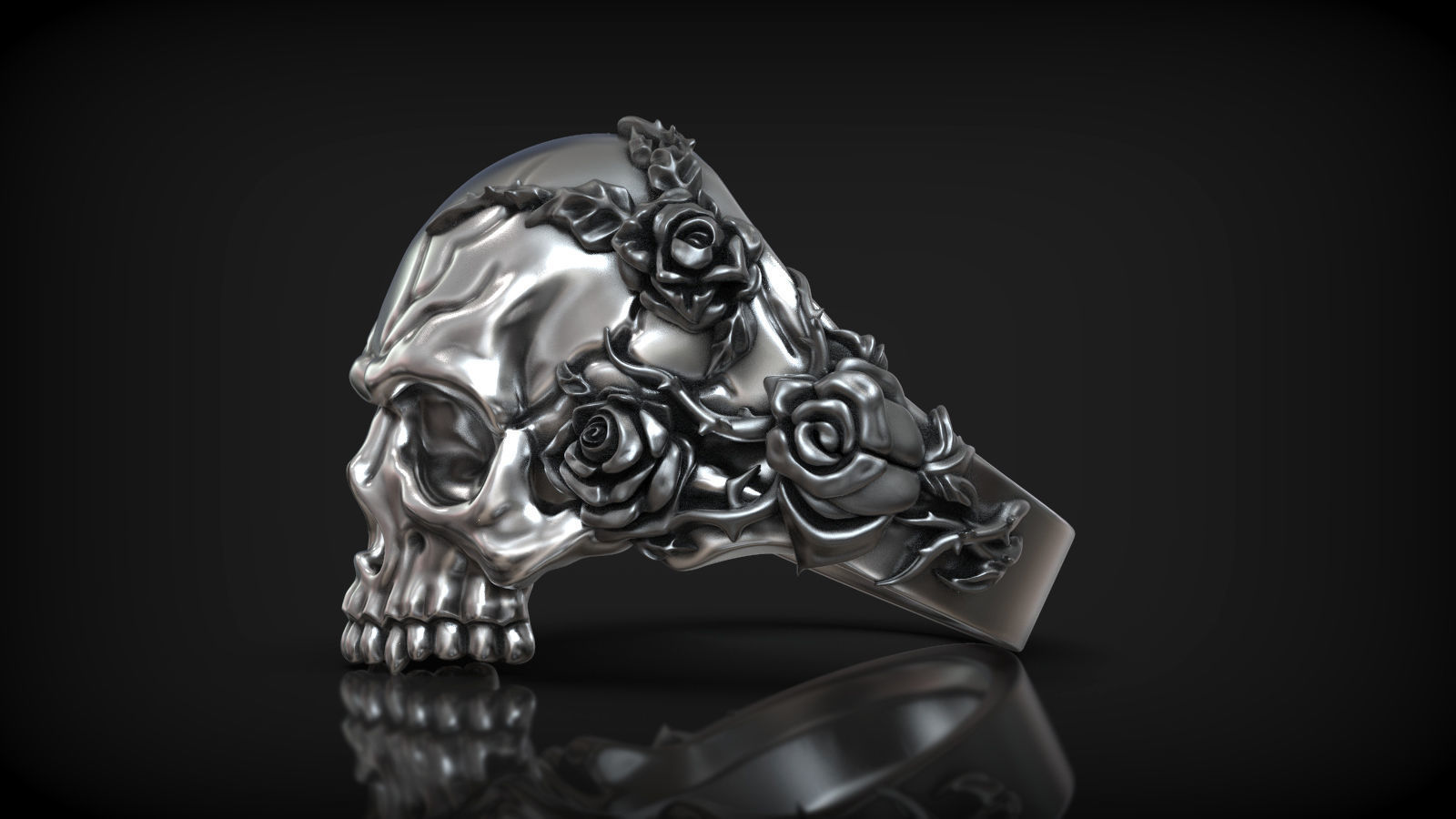 Unique Design Realistic Skull Head with Roses and Thorn Ring 3D print model_1