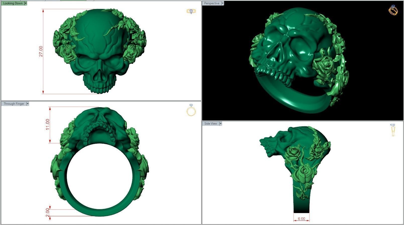 Unique Design Realistic Skull Head with Roses and Thorn Ring 3D print model_6