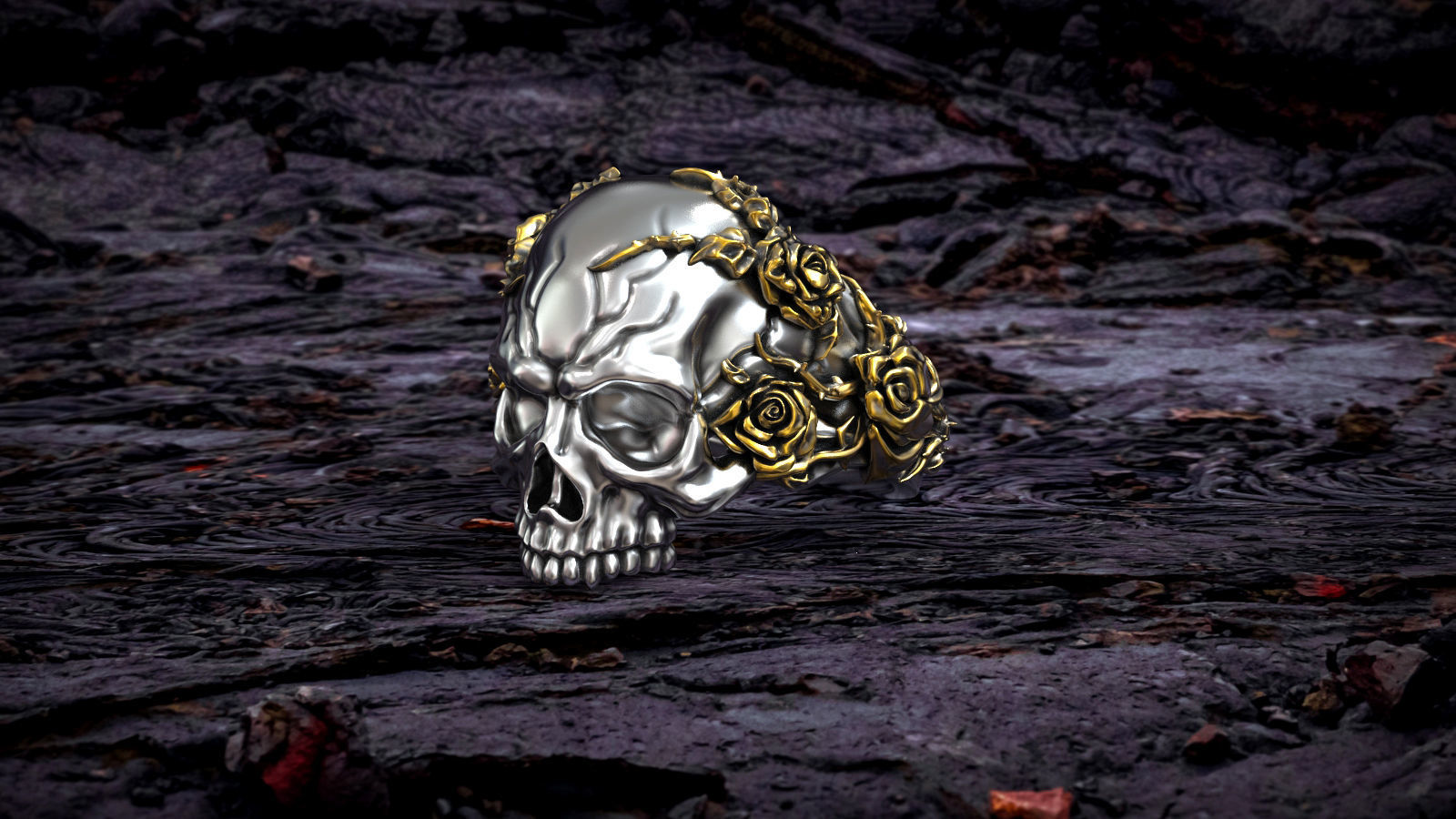 Unique Design Realistic Skull Head with Roses and Thorn Ring 3D print model_5