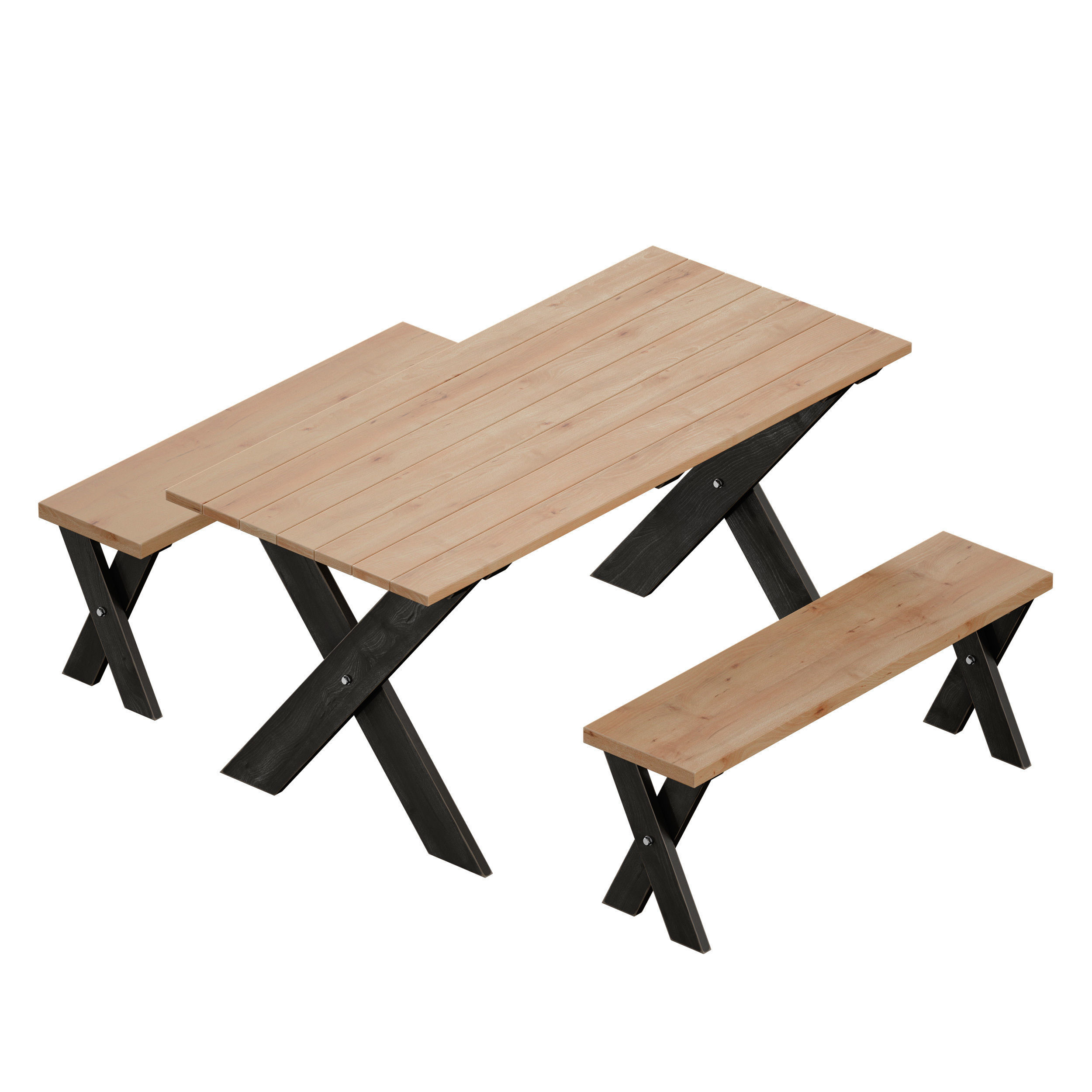 Wooden picnic table with benches 3D model_3