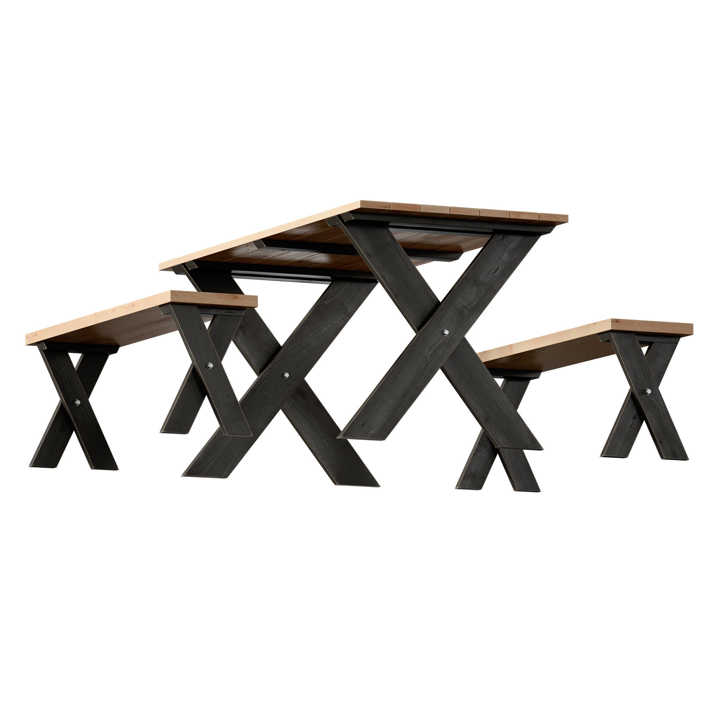 Wooden picnic table with benches 3D model_8