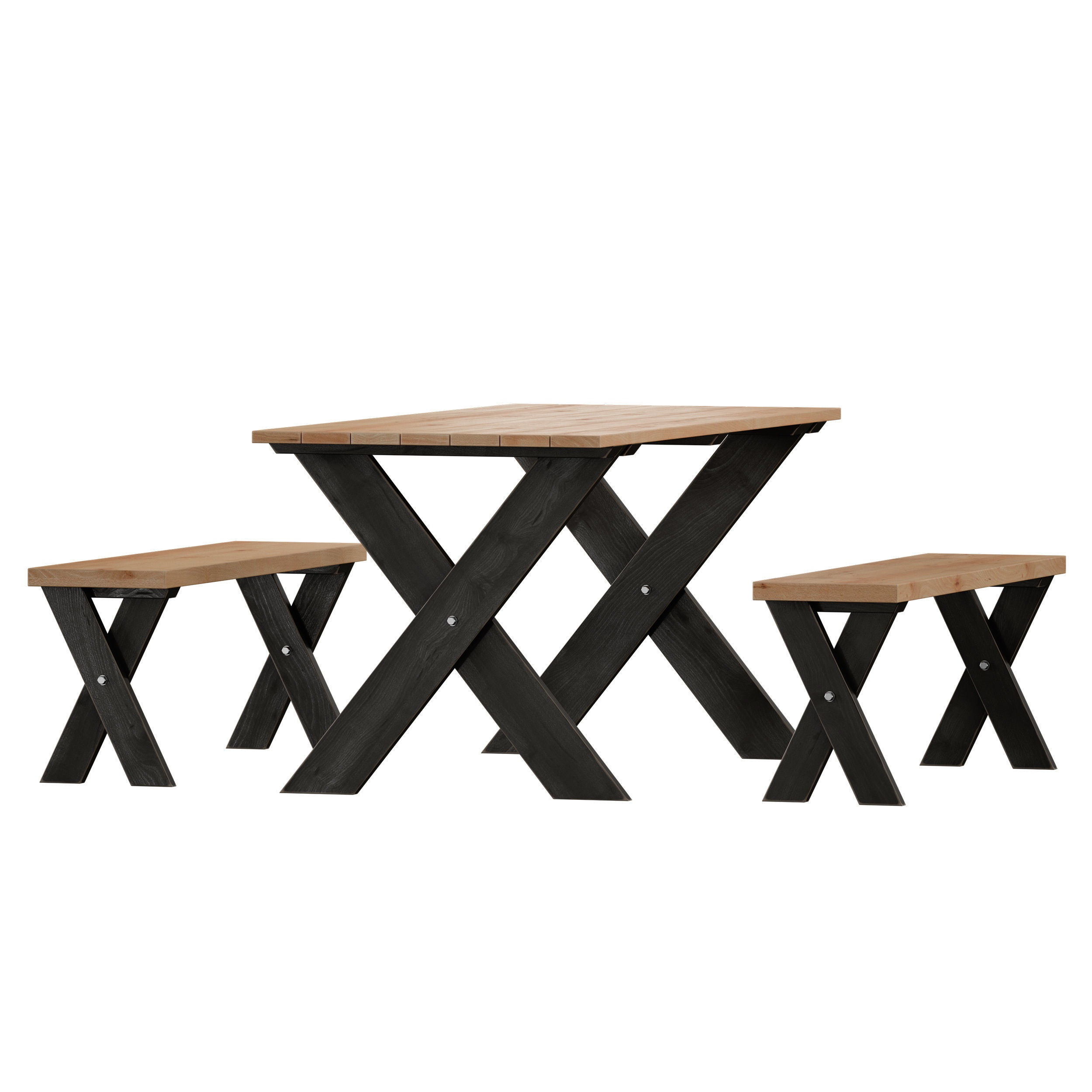 Wooden picnic table with benches 3D model_4