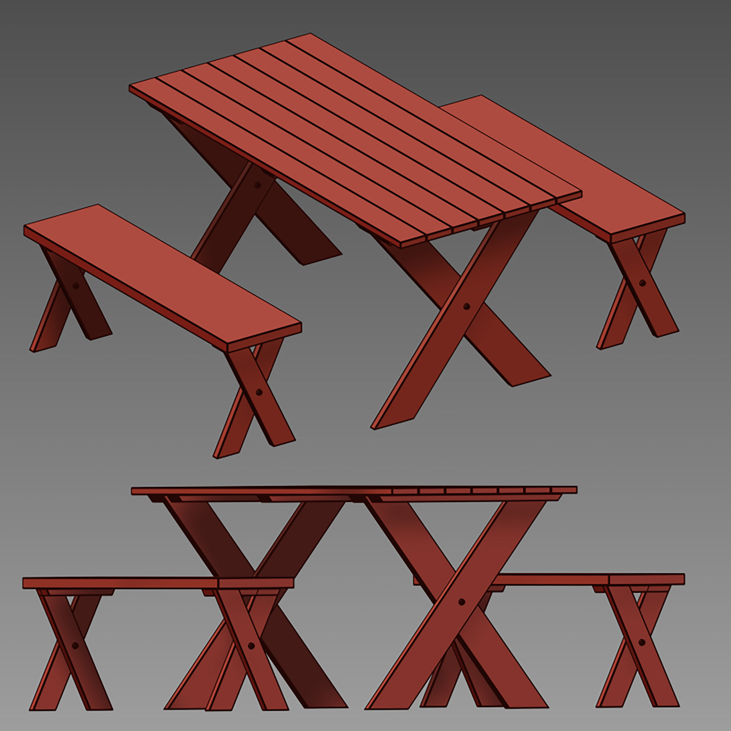 Wooden picnic table with benches 3D model_12