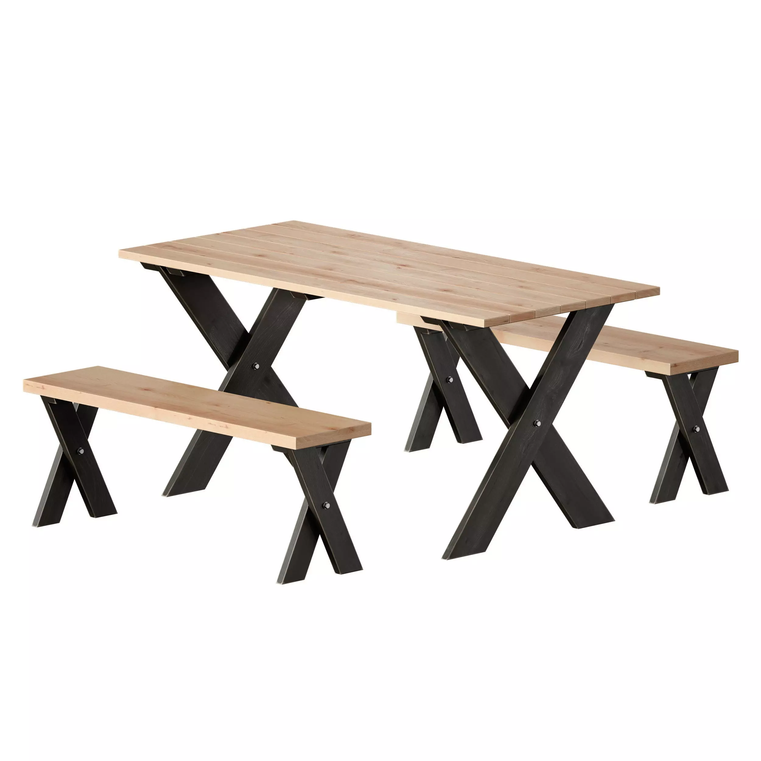Wooden picnic table with benches 3D model_0