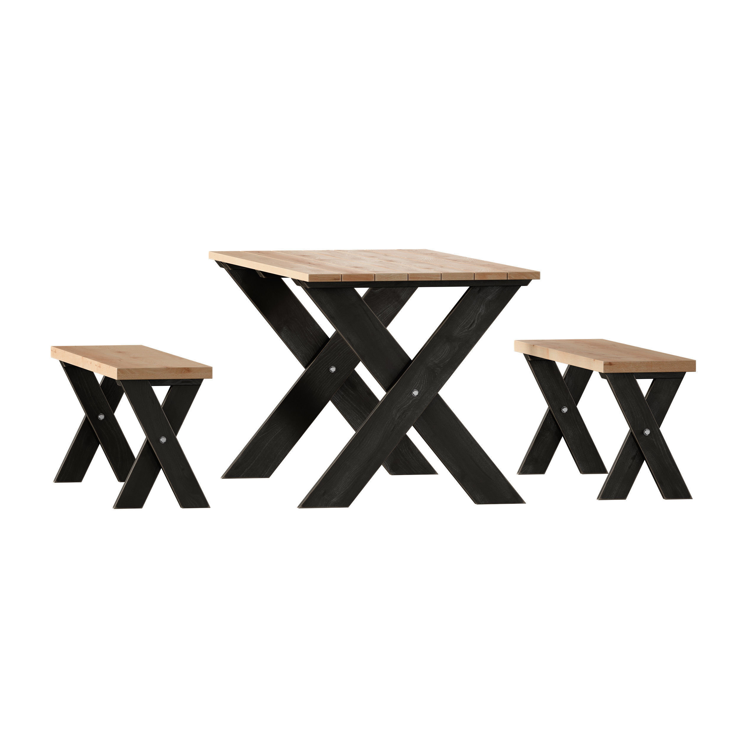 Wooden picnic table with benches 3D model_1