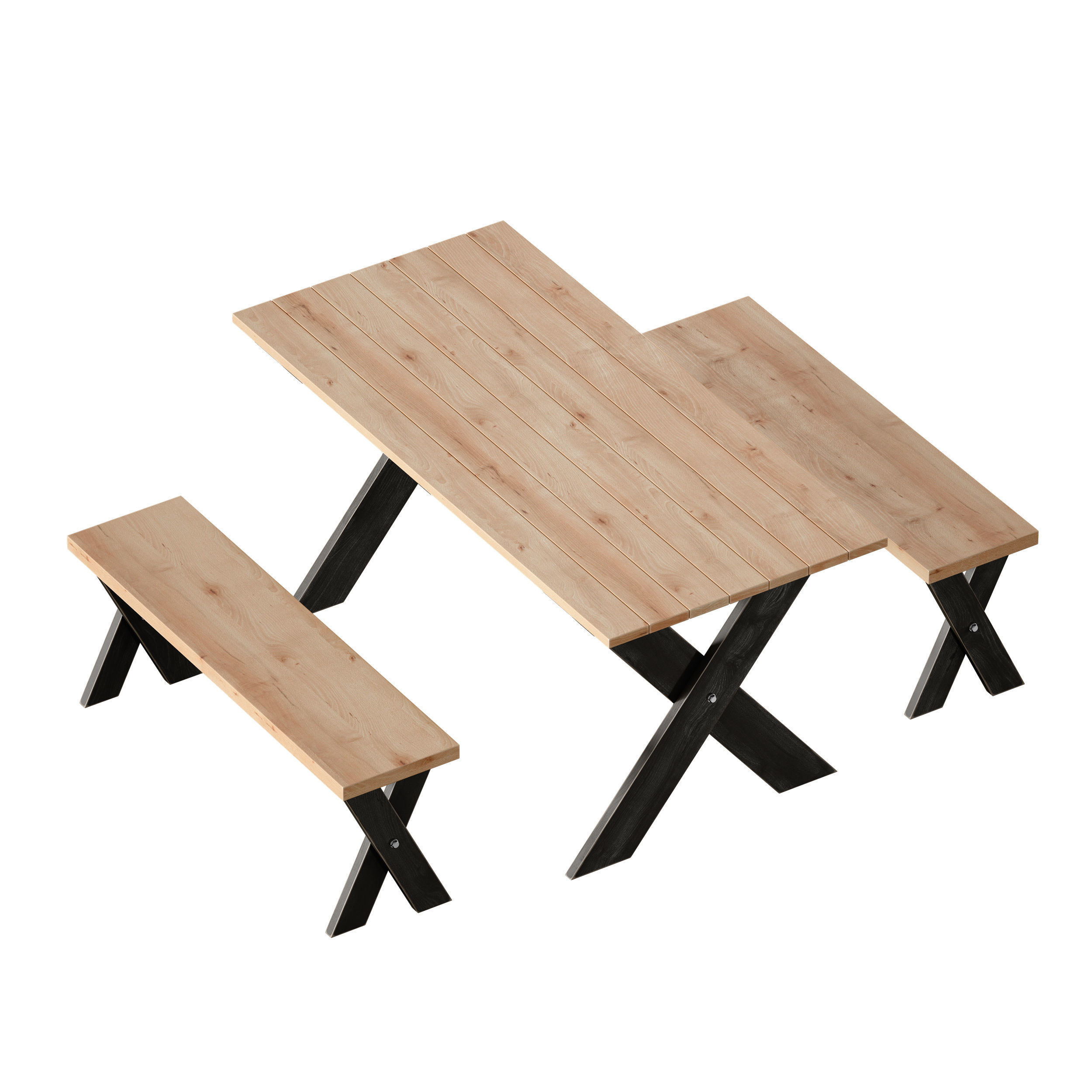 Wooden picnic table with benches 3D model_2
