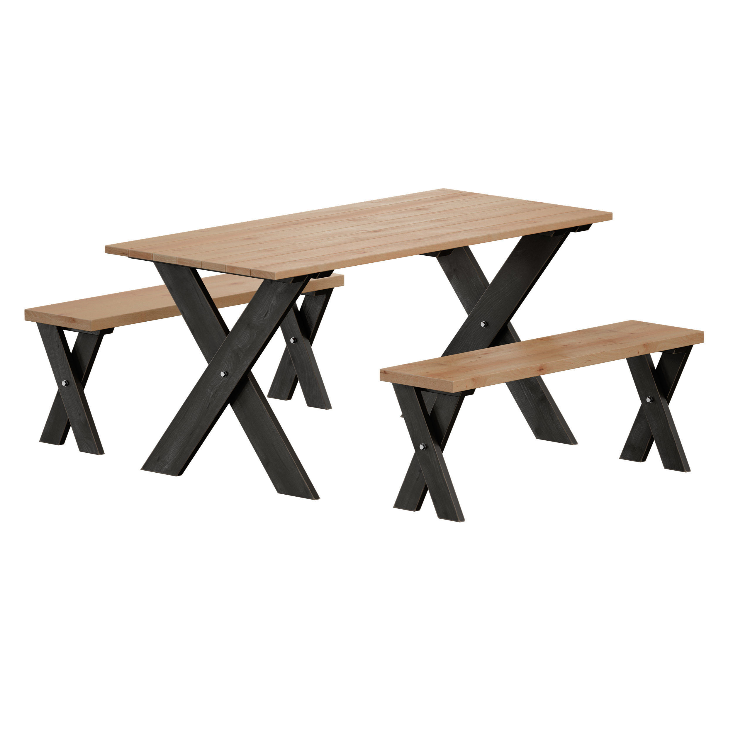 Wooden picnic table with benches 3D model_5