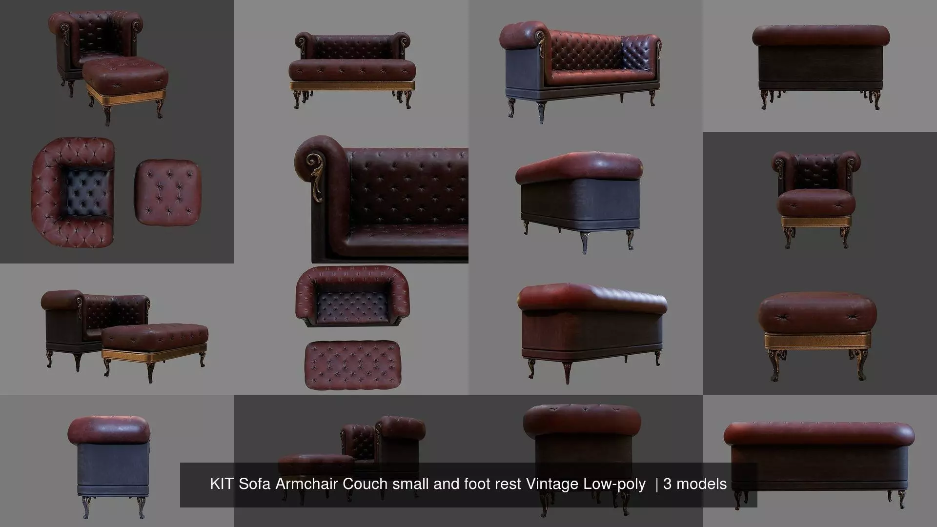 KIT Sofa Armchair Couch small and foot rest Vintage Low-poly  3D Model Collection_0