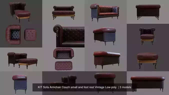 KIT Sofa Armchair Couch small and foot rest Vintage Low-poly  3D Model Collection