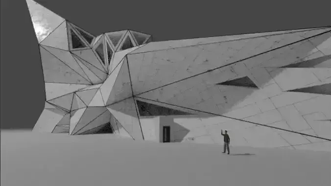 Low poly scifi arctic building white chaotic crazy panels large