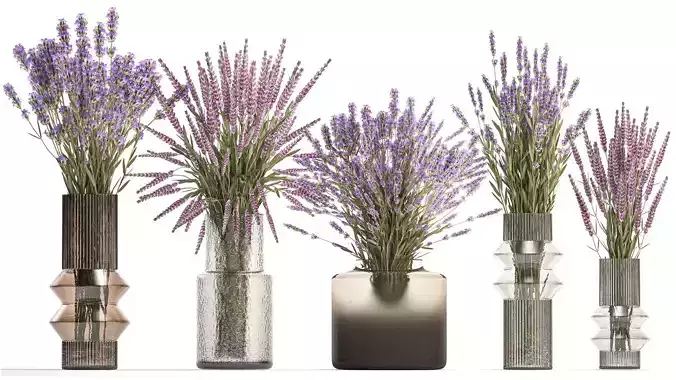 Set of bouquets of wild flowers vase lavender sage 327 3D model