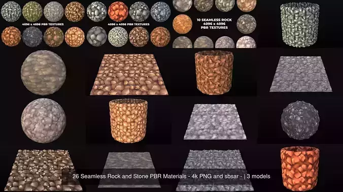26 Seamless Rock and Stone PBR Materials - 4k PNG and sbsar -