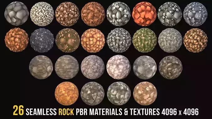 26 Seamless Rock and Stone PBR Materials - 4k PNG and sbsar -