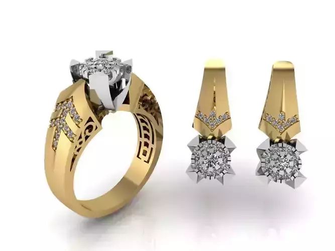 Round Diamond Engraving Ring Leverback Earring Set 2419 3D print model