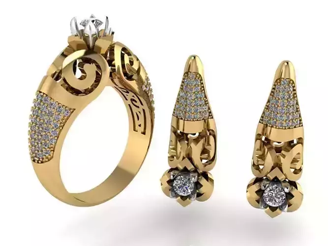 Engraving Ornamental Earring Ring Set 2424